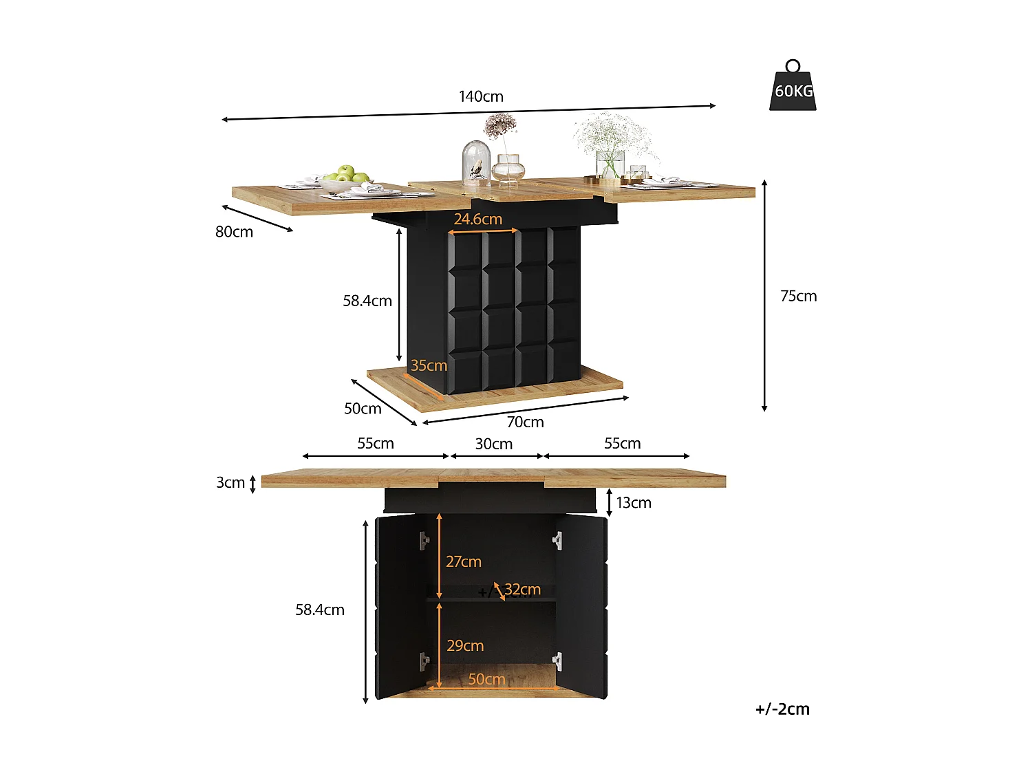 Folding dining table for 4-6 people - 110-140 x 80 x 75 cm - extendable - with 1 door - MDF - black