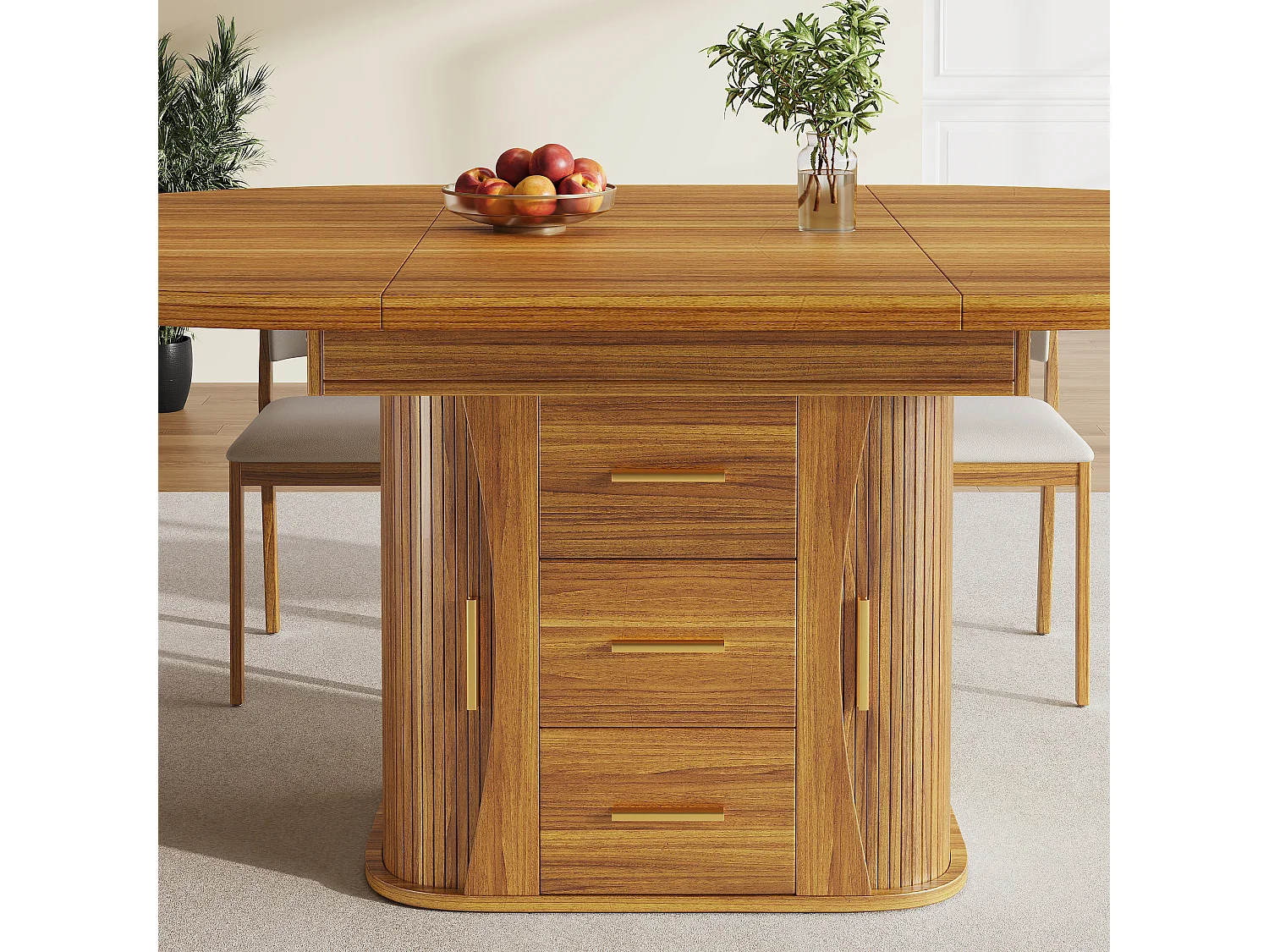 Extendable dining table for 6 people - 118/158 x 118 x 77 cm - with 3 doors + 2 drawers - MDF - natural