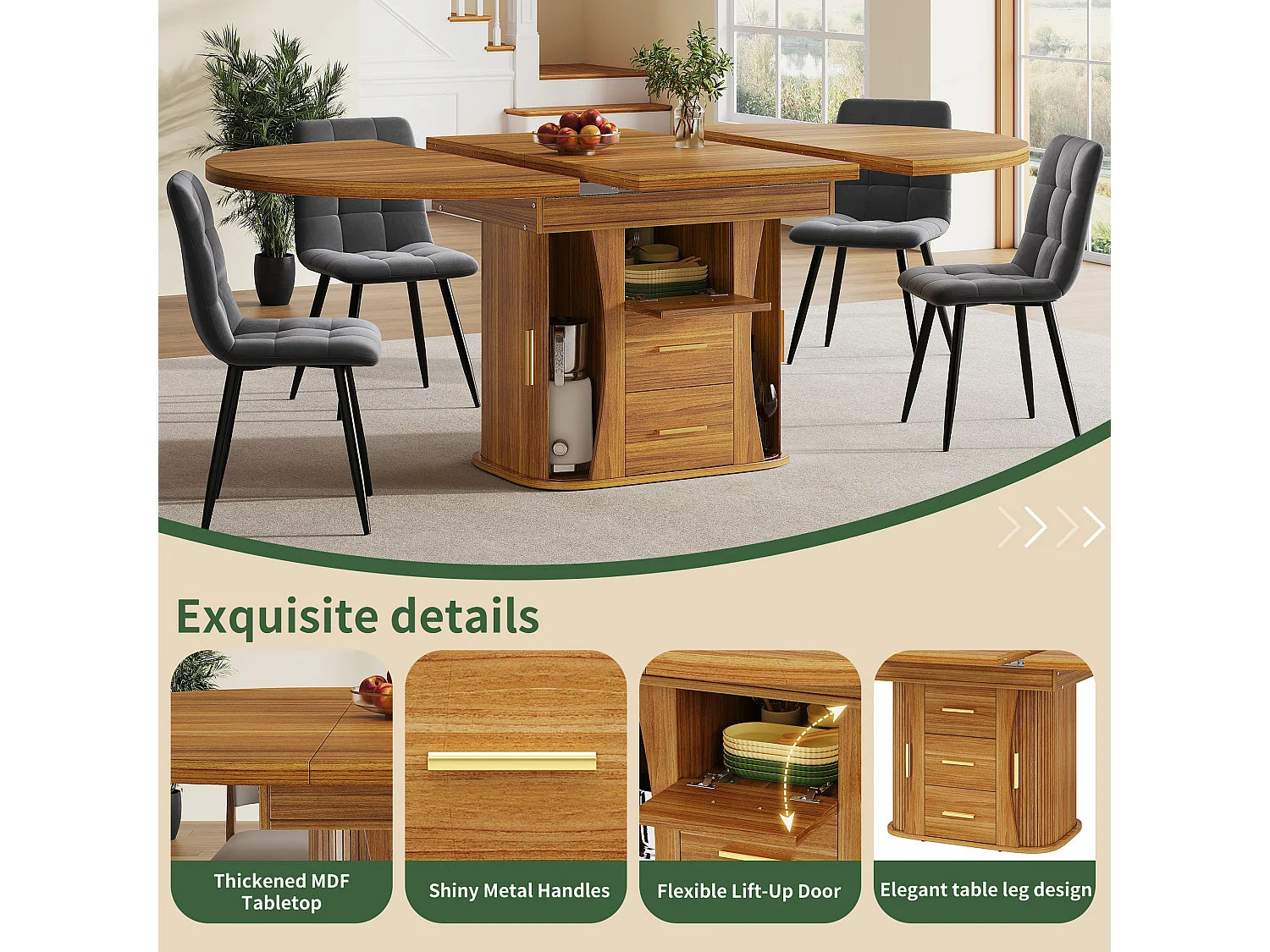 Extendable dining table for 6 people - 118/158 x 118 x 77 cm - with 3 doors + 2 drawers - MDF - natural