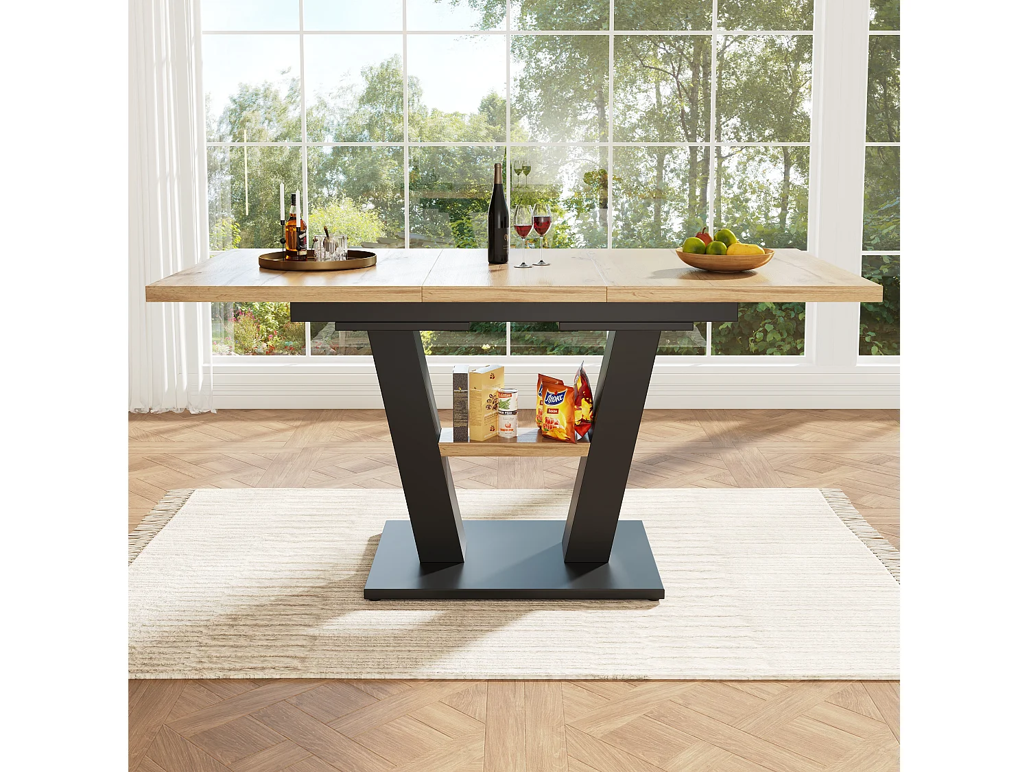 Extendable dining table for 4 to 6 people - 118/157 x 70 x 75 cm - Extendable top - MDF + Metal legs - Natural + black