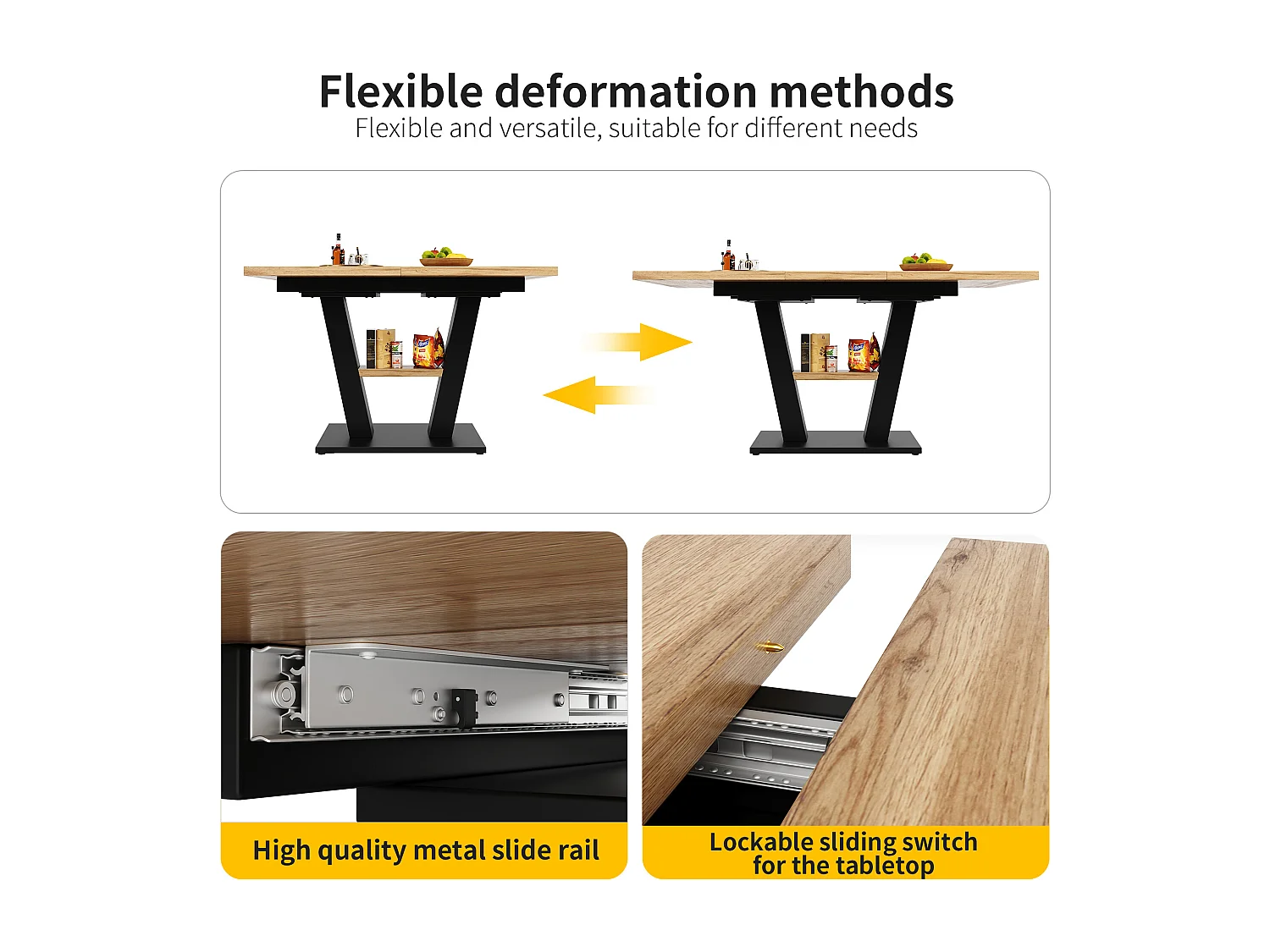 Extendable dining table for 4 to 6 people - 118/157 x 70 x 75 cm - Extendable top - MDF + Metal legs - Natural + black