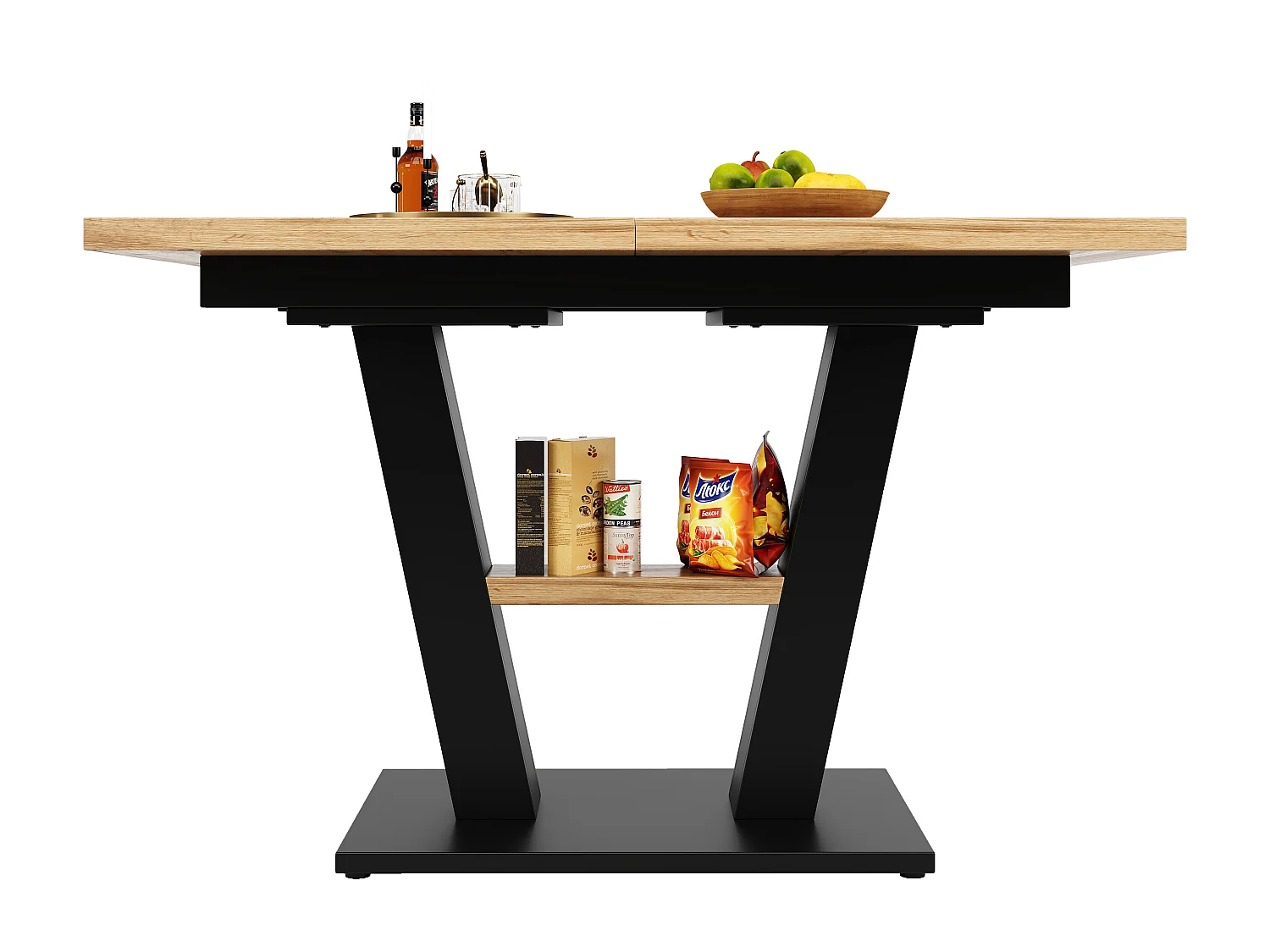 Extendable dining table for 4 to 6 people - 118/157 x 70 x 75 cm - Extendable top - MDF + Metal legs - Natural + black