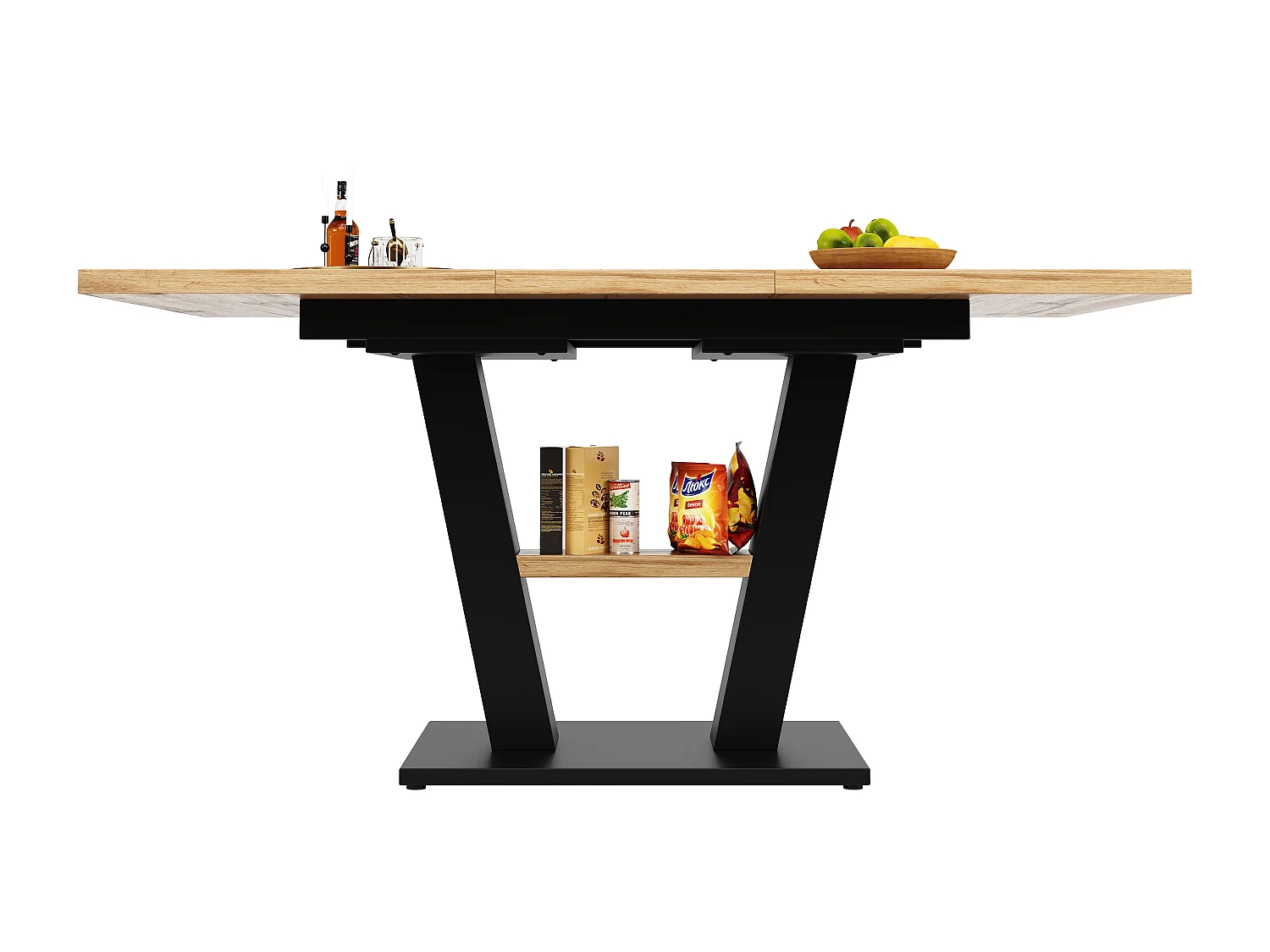 Extendable dining table for 4 to 6 people - 118/157 x 70 x 75 cm - Extendable top - MDF + Metal legs - Natural + black