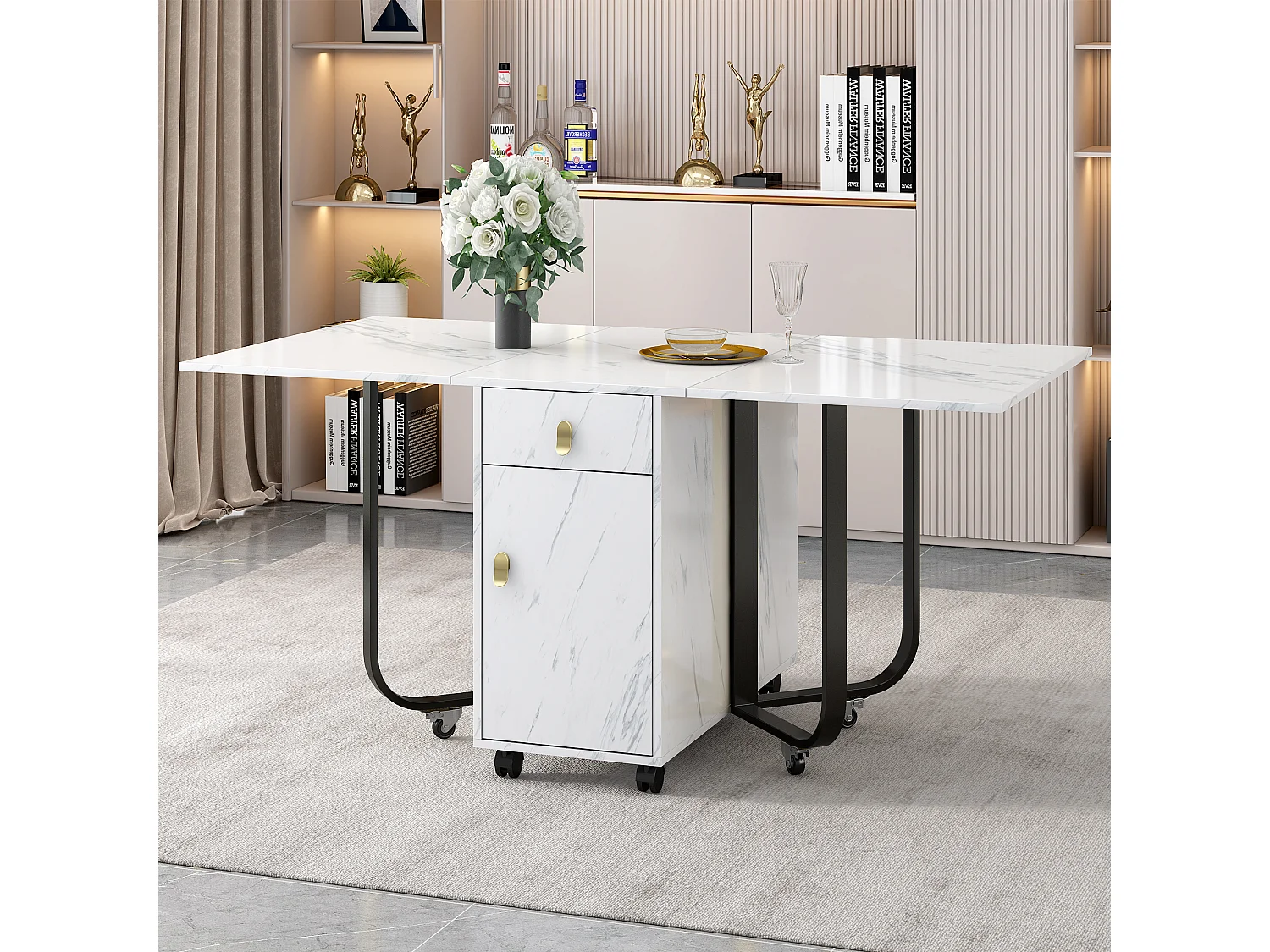 Folding dining table for 4 to 8 place settings on casters - 2 doors + 2 drawers - MDF and metal - Black + white
