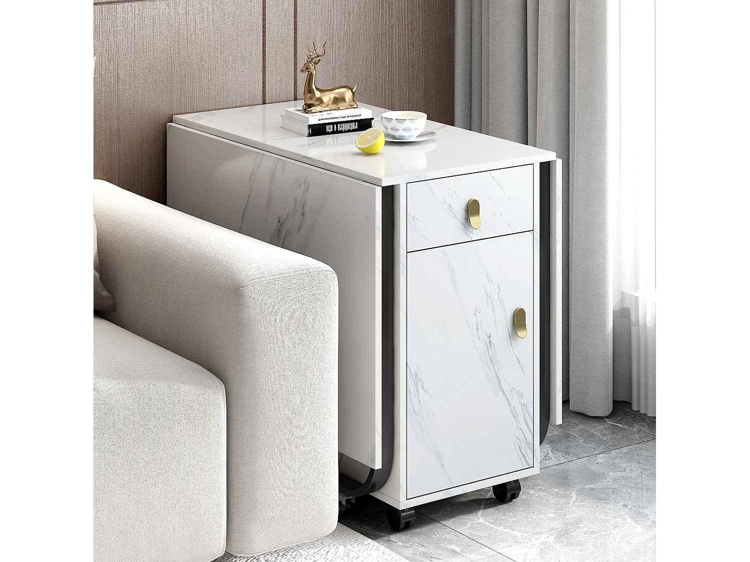 Folding dining table for 4 to 8 place settings on casters - 2 doors + 2 drawers - MDF and metal - Black + white