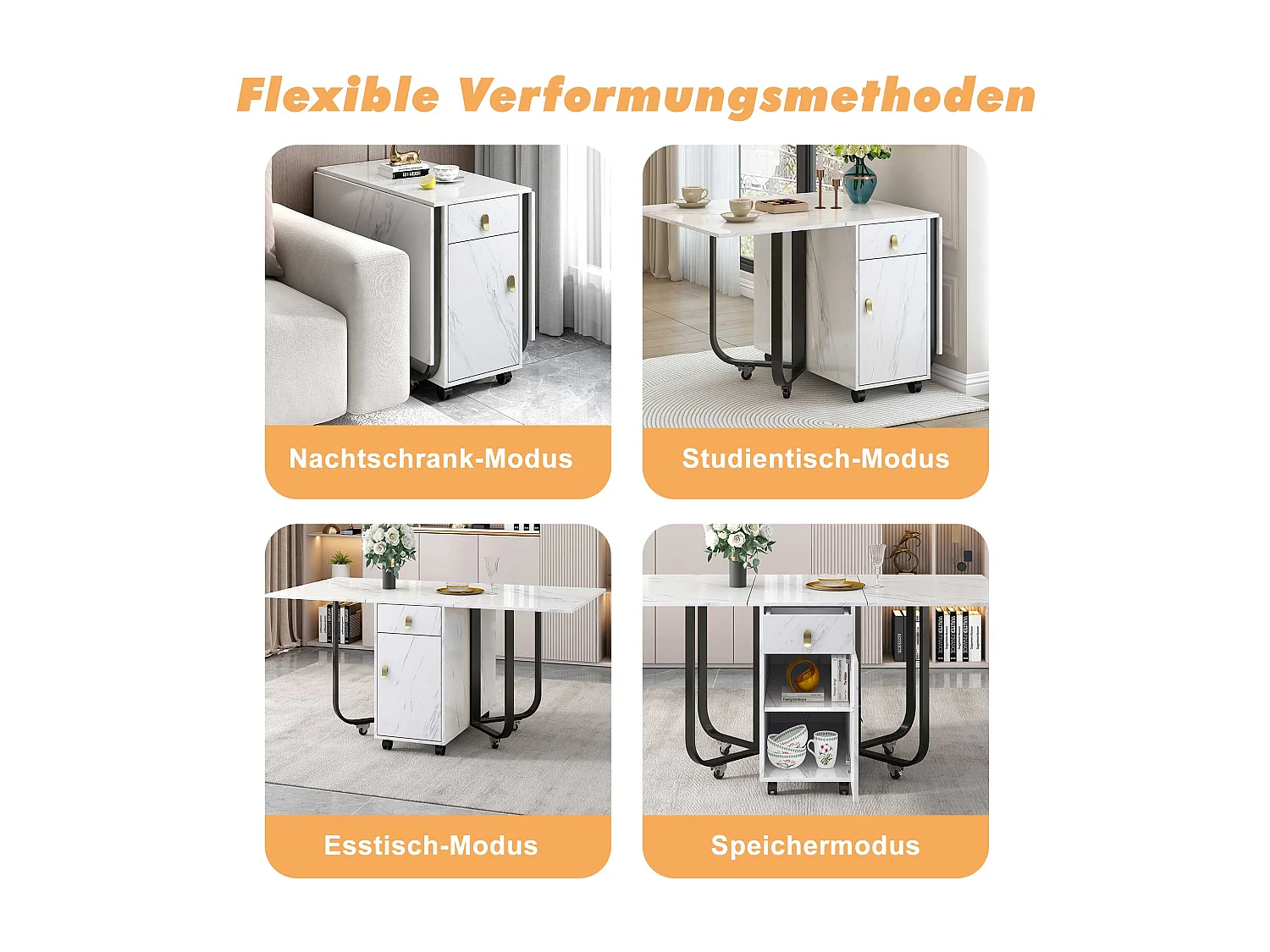 Folding dining table for 4 to 8 place settings on casters - 2 doors + 2 drawers - MDF and metal - Black + white