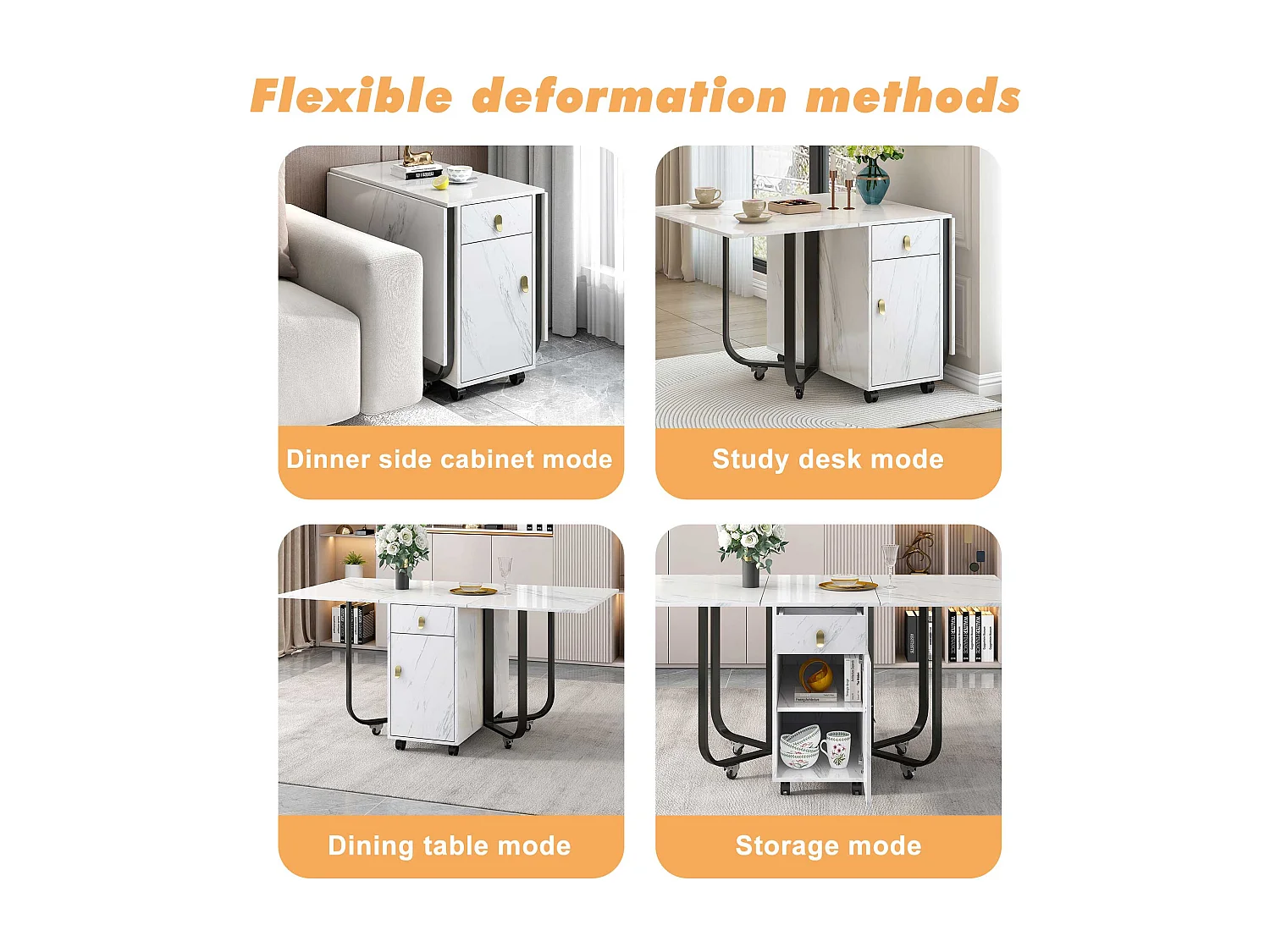 Folding dining table for 4 to 8 place settings on casters - 2 doors + 2 drawers - MDF and metal - Black + white