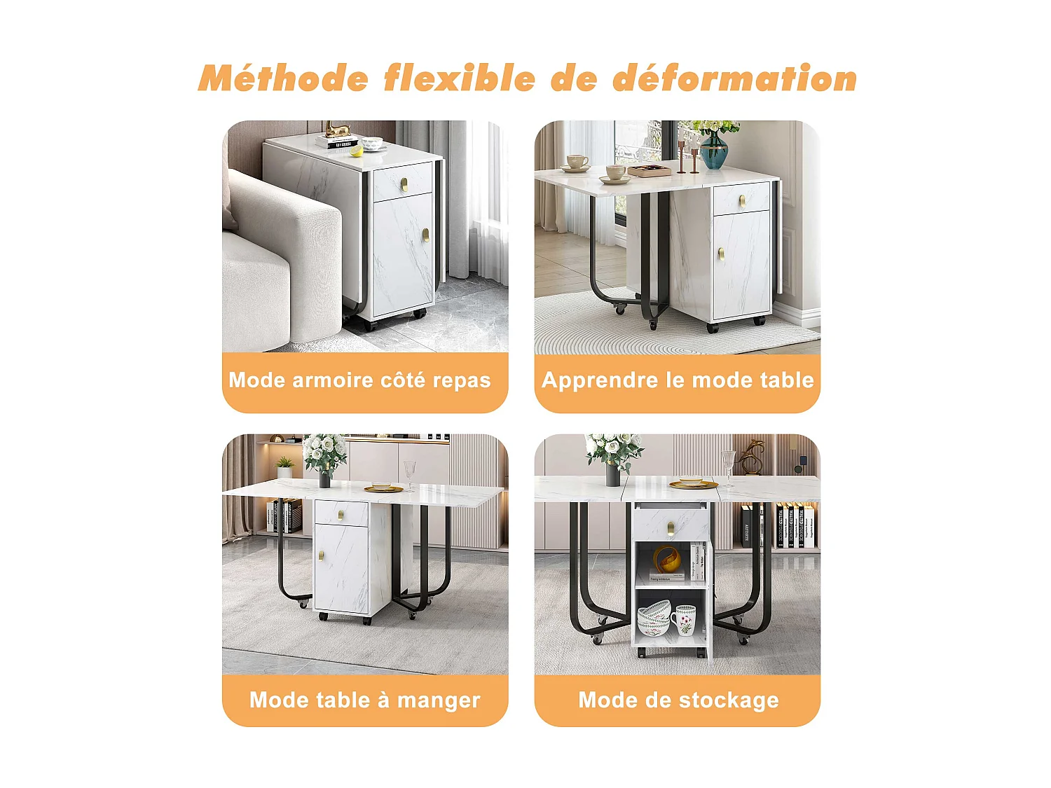 Folding dining table for 4 to 8 place settings on casters - 2 doors + 2 drawers - MDF and metal - Black + white