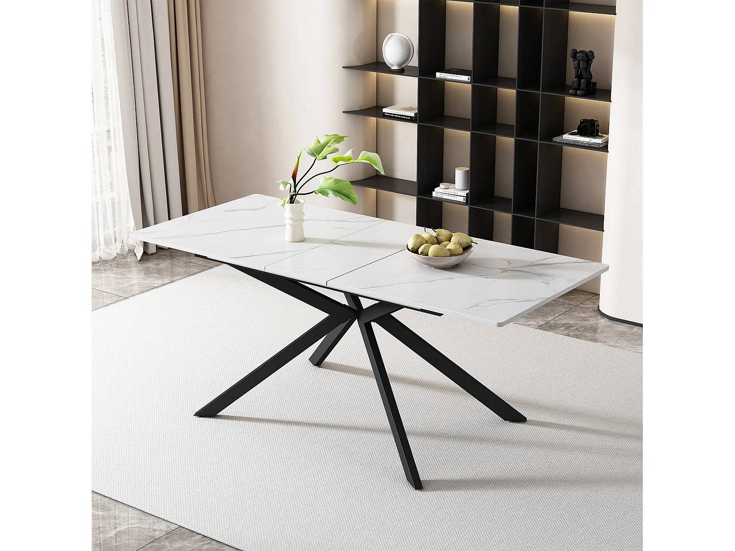 Extendable dining table for 4 to 6 people - 150/180 x 70 x 75.5 cm - marble pattern - MDF - white + black
