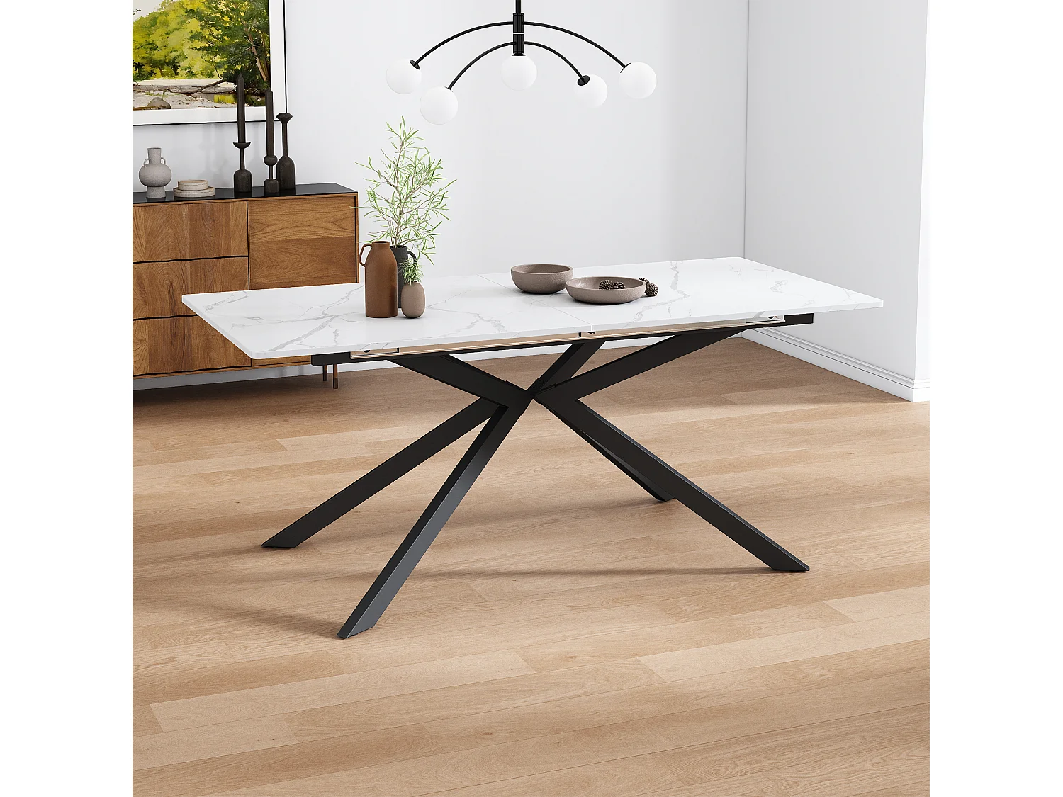 Extendable dining table for 4 to 6 people - 150/180 x 70 x 75.5 cm - marble pattern - MDF - white + black