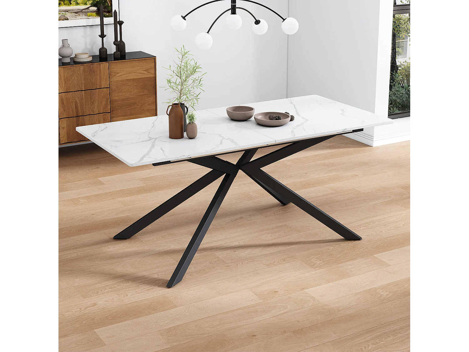 Extendable dining table for 4 to 6 people - 150/180 x 70 x 75.5 cm - marble pattern - MDF - white + black