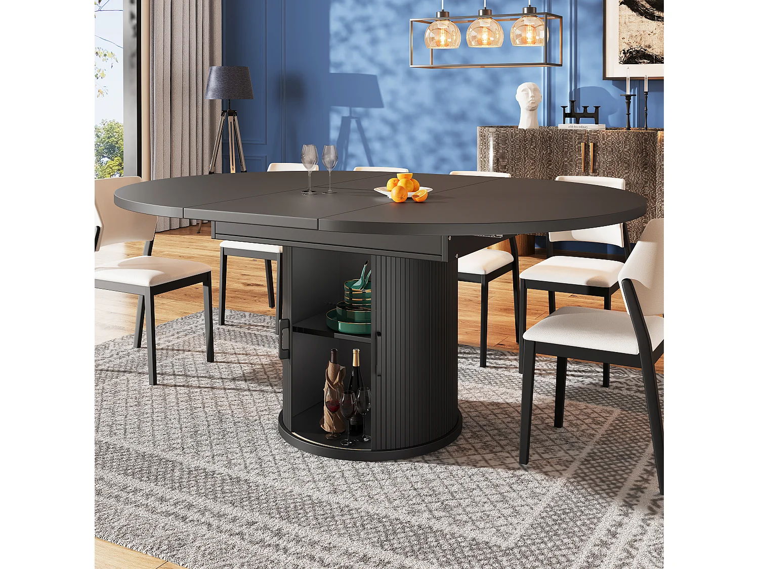 Extendable 6-seater dining table - 118/158 x 118 x 76.8 cm - oval shape + with storage - MDF - black