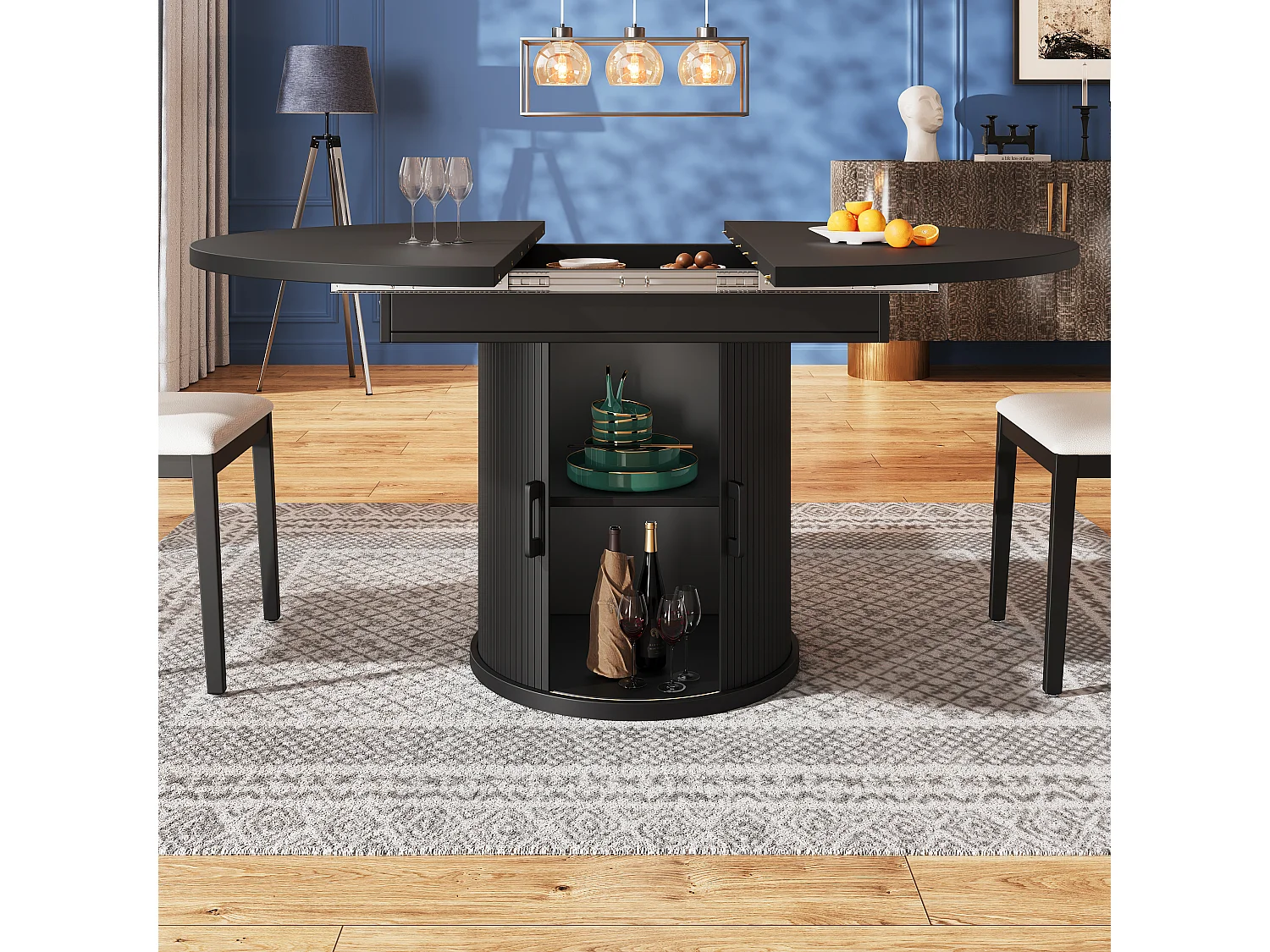Extendable 6-seater dining table - 118/158 x 118 x 76.8 cm - oval shape + with storage - MDF - black