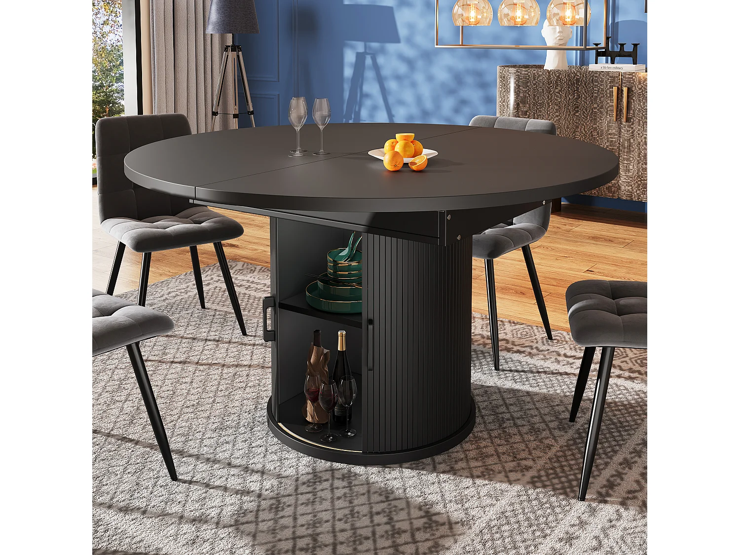 Extendable 6-seater dining table - 118/158 x 118 x 76.8 cm - oval shape + with storage - MDF - black