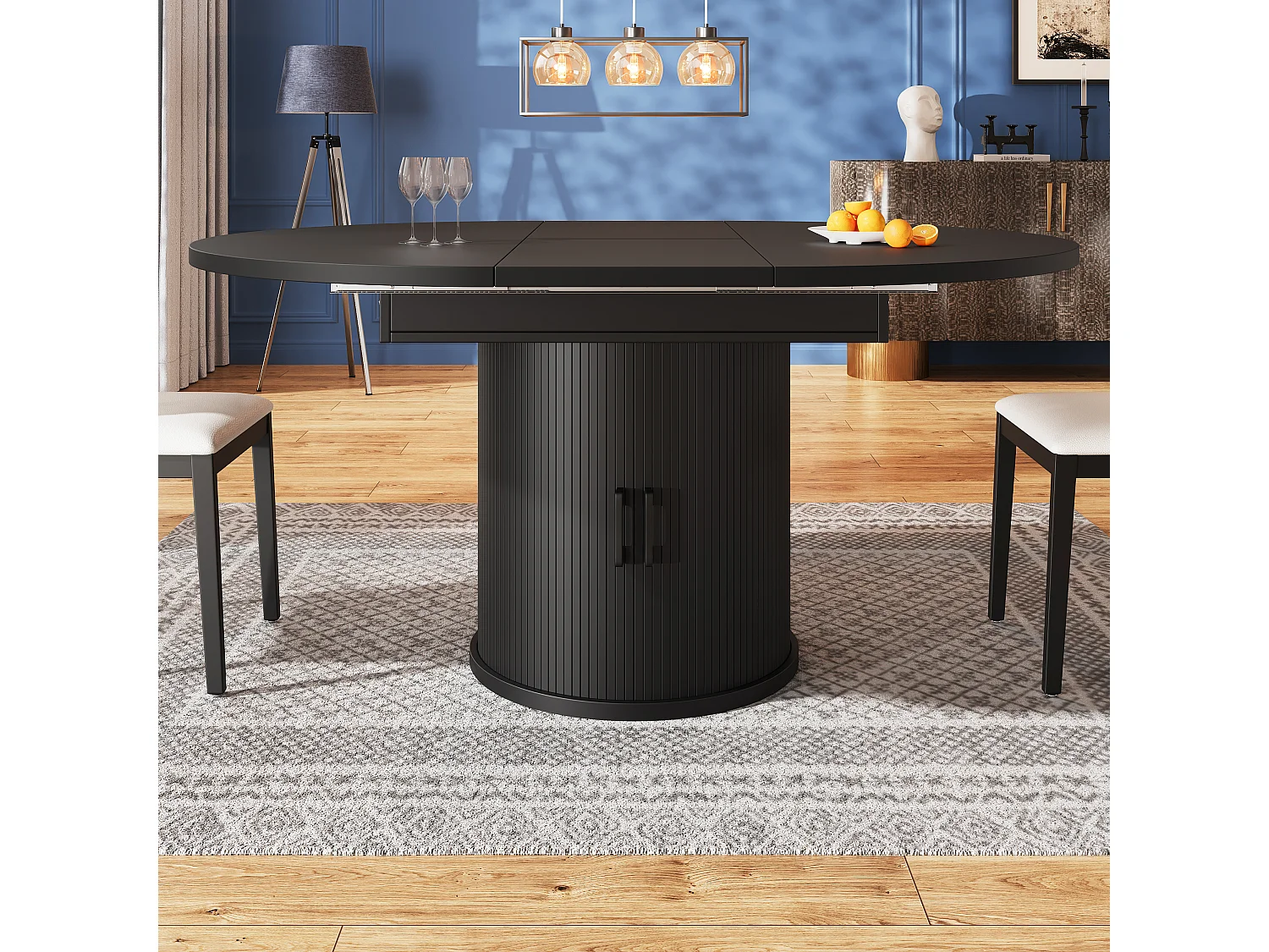 Extendable 6-seater dining table - 118/158 x 118 x 76.8 cm - oval shape + with storage - MDF - black