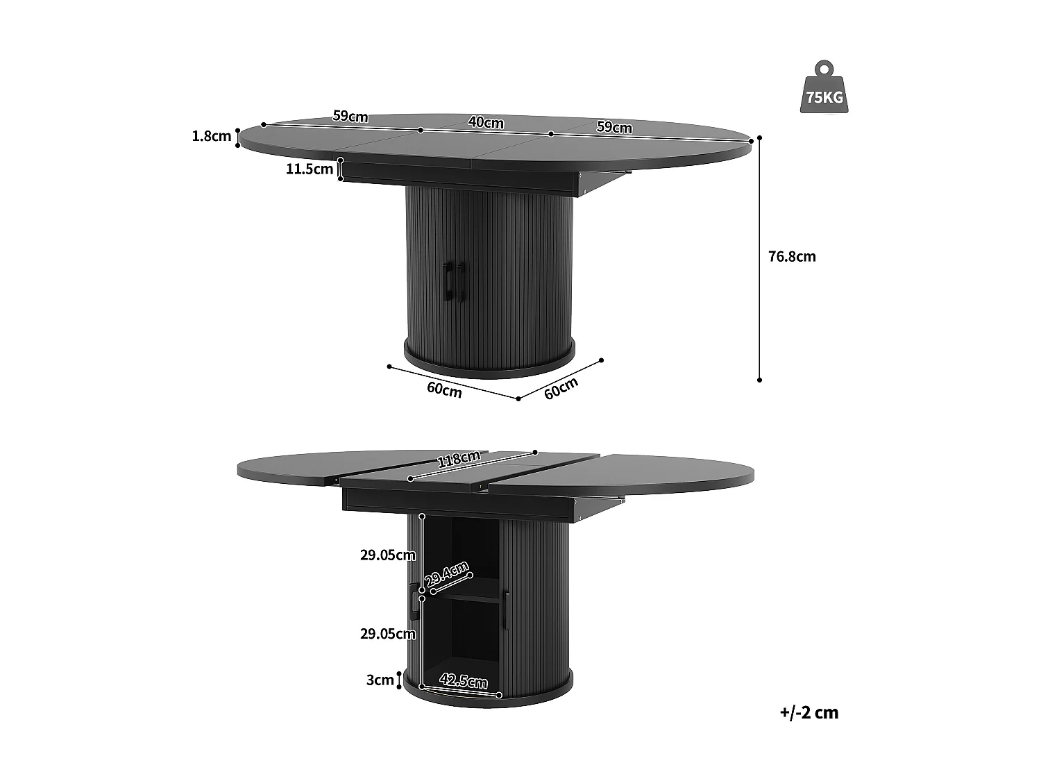Extendable 6-seater dining table - 118/158 x 118 x 76.8 cm - oval shape + with storage - MDF - black