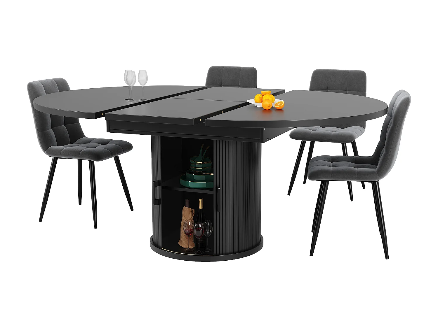 Extendable 6-seater dining table - 118/158 x 118 x 76.8 cm - oval shape + with storage - MDF - black