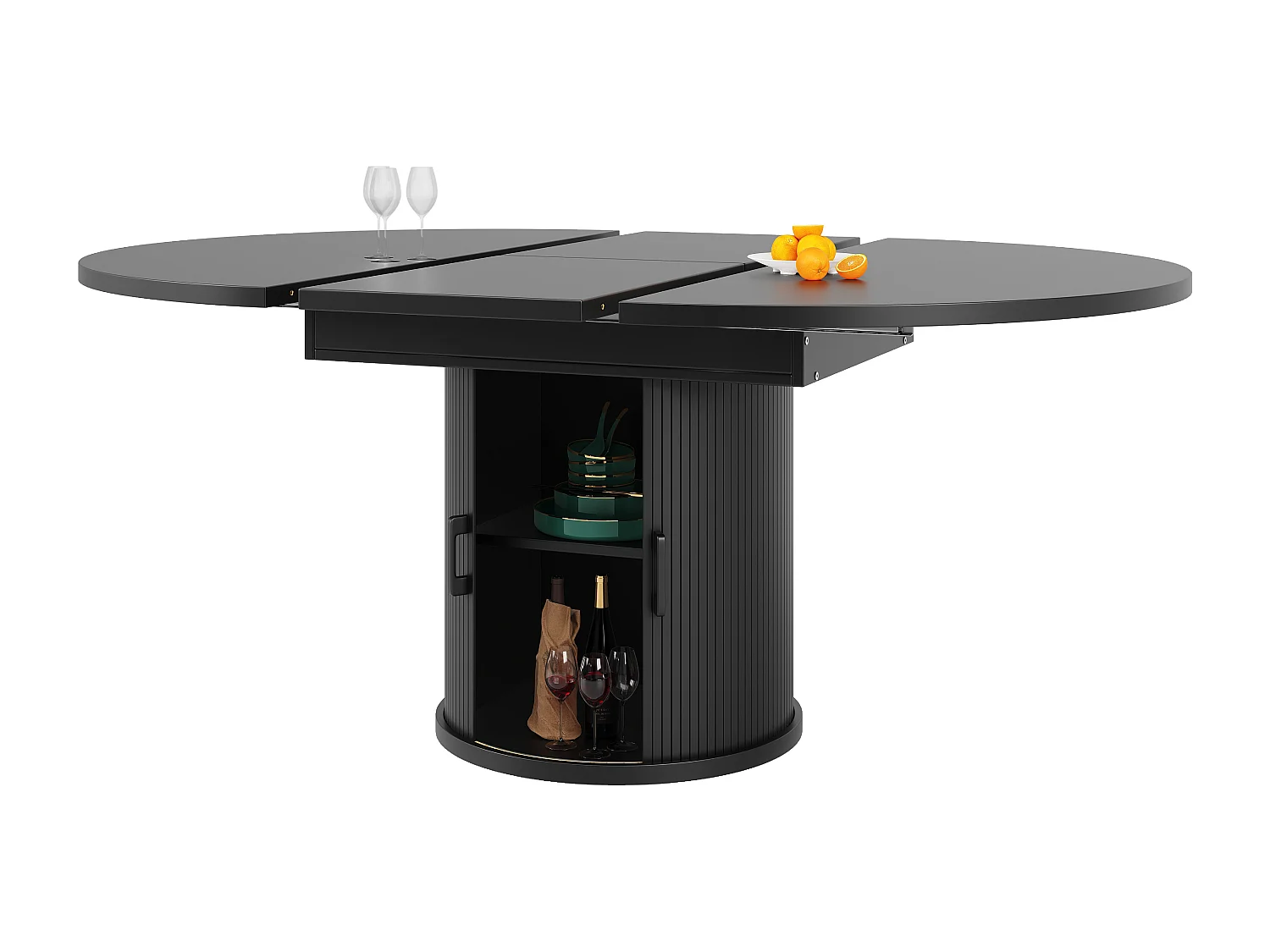 Extendable 6-seater dining table - 118/158 x 118 x 76.8 cm - oval shape + with storage - MDF - black