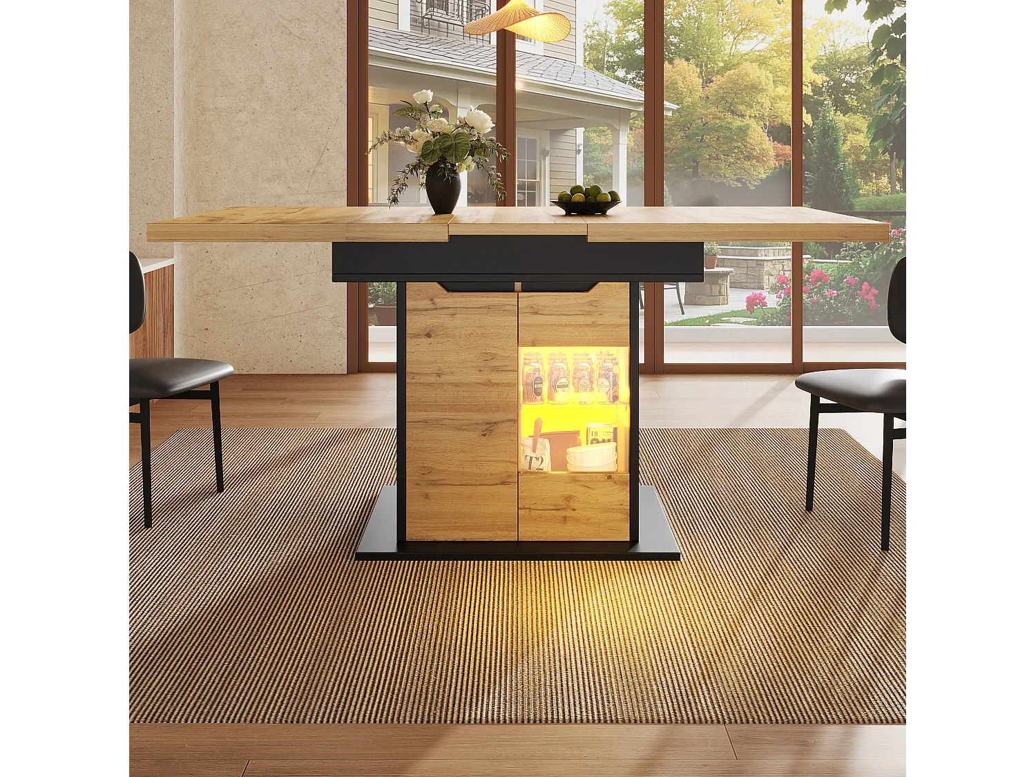 Extendable dining table for 6 people - 110/140 x 80 x 76 cm - with LEDs + 2 doors - Glass + MDF - black + natural