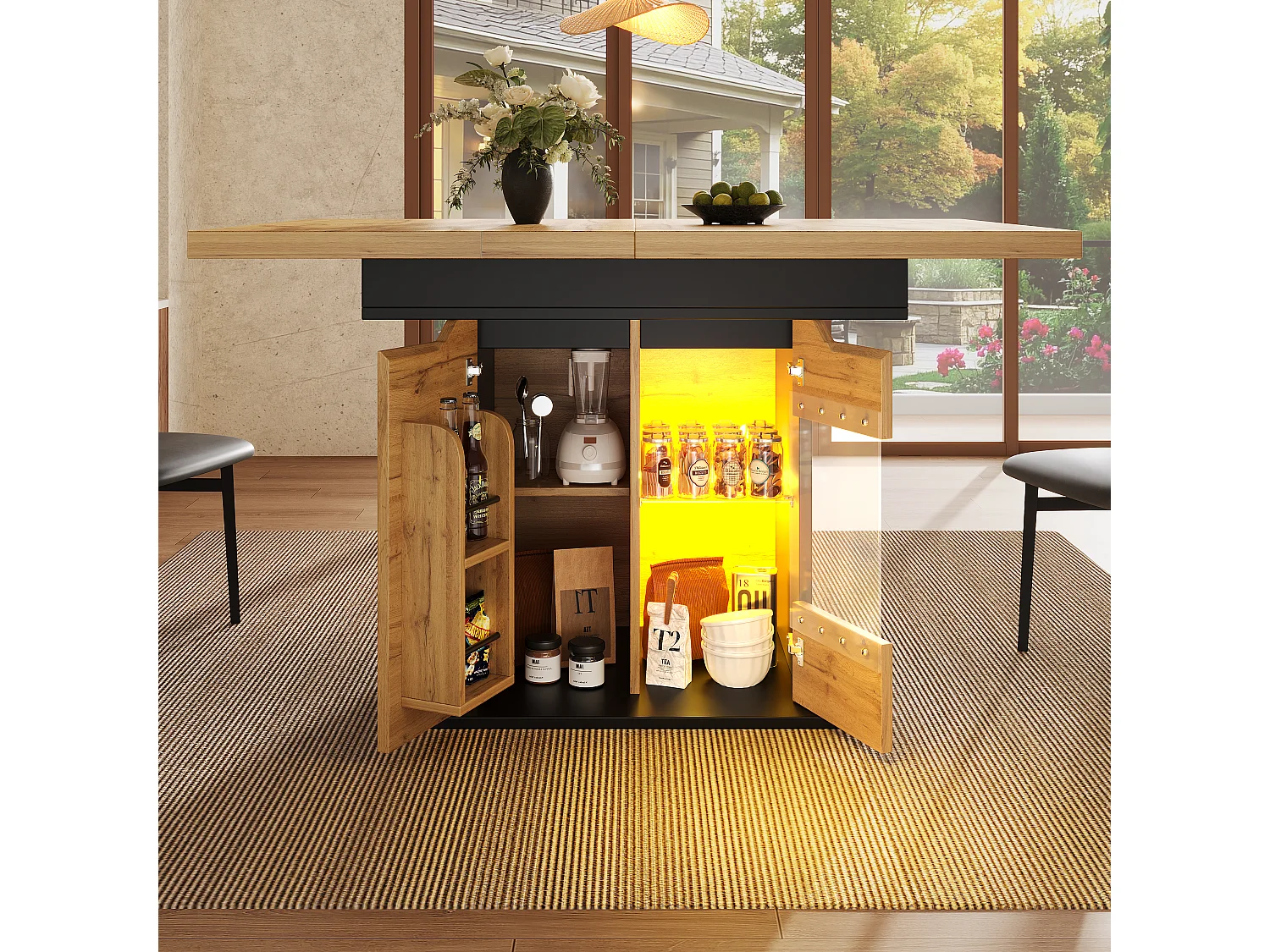 Extendable dining table for 6 people - 110/140 x 80 x 76 cm - with LEDs + 2 doors - Glass + MDF - black + natural