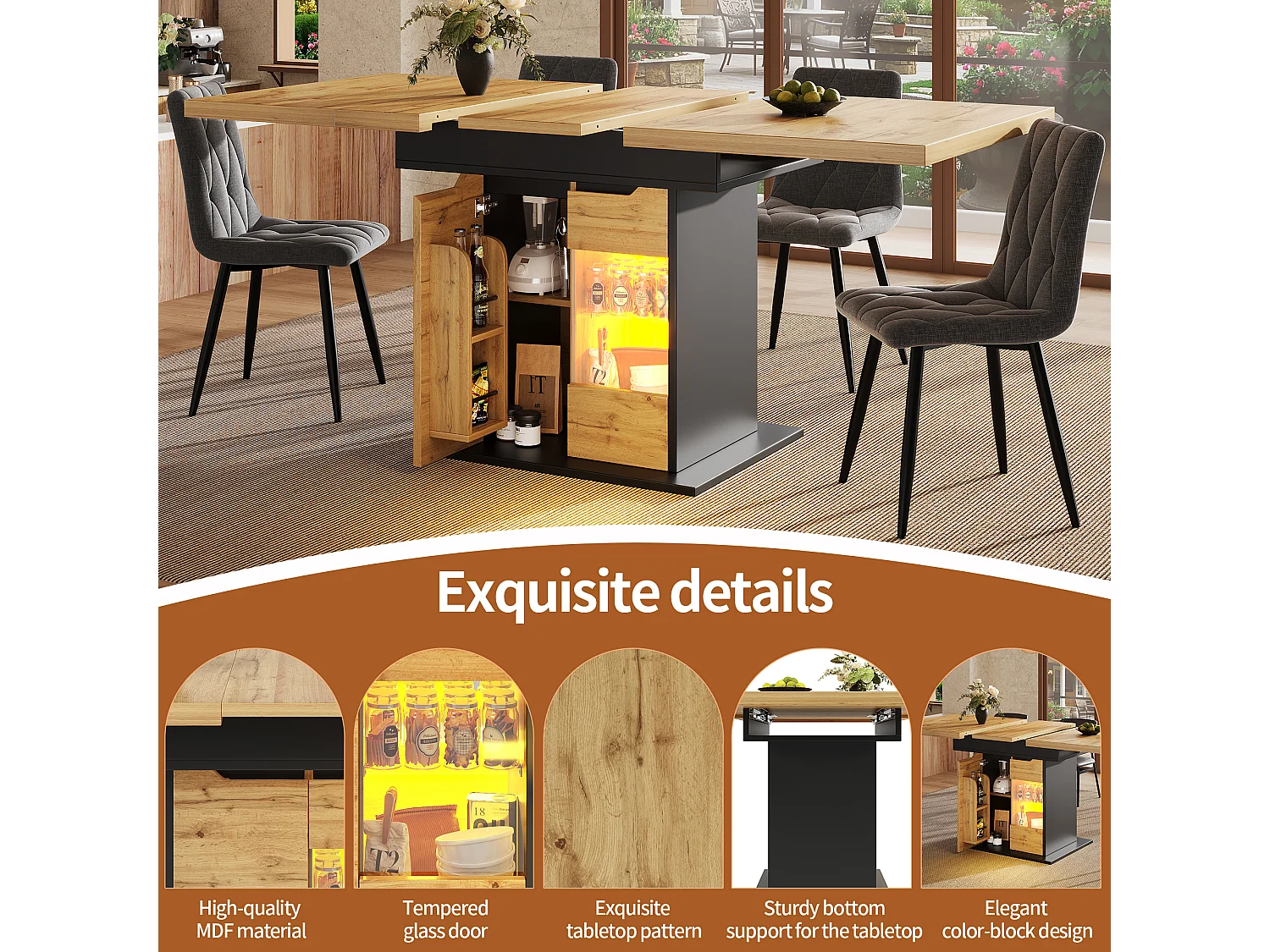 Extendable dining table for 6 people - 110/140 x 80 x 76 cm - with LEDs + 2 doors - Glass + MDF - black + natural