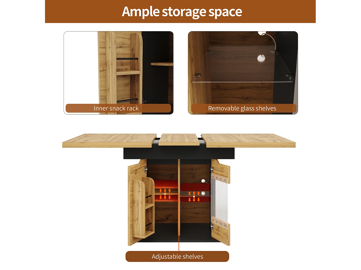 Extendable dining table for 6 people - 110/140 x 80 x 76 cm - with LEDs + 2 doors - Glass + MDF - black + natural
