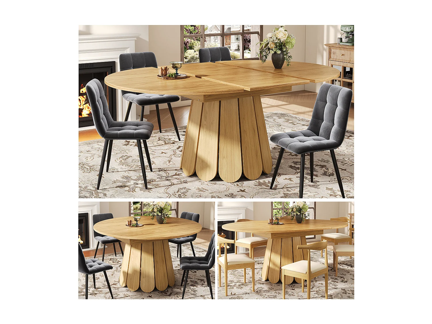 6-seater dining table - 118/158 x 118 x 76.8 cm - extendable top - MDF - natural
