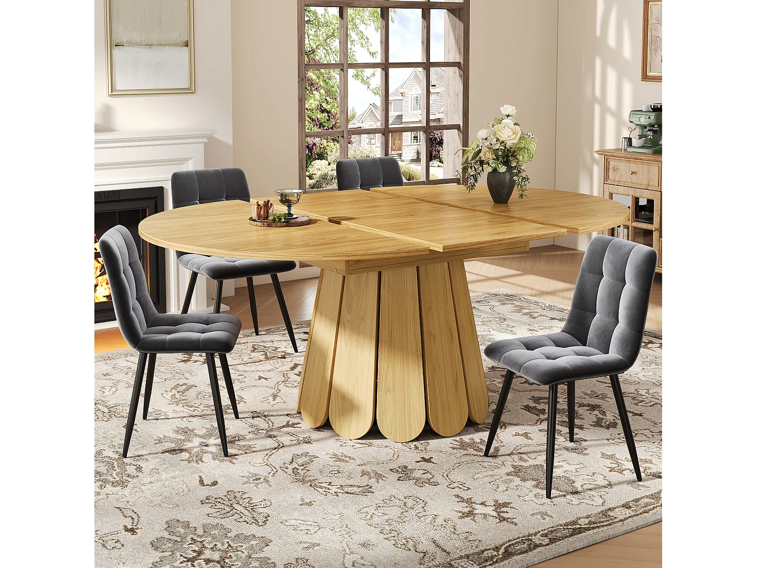 6-seater dining table - 118/158 x 118 x 76.8 cm - extendable top - MDF - natural