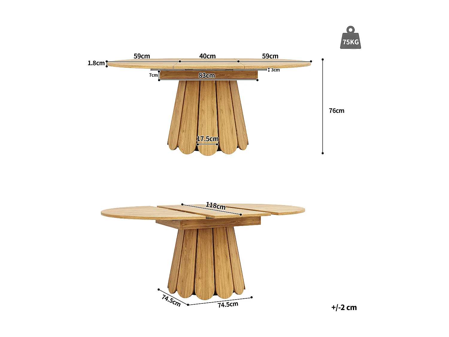 6-seater dining table - 118/158 x 118 x 76.8 cm - extendable top - MDF - natural