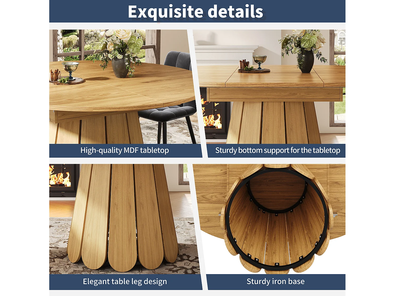6-seater dining table - 118/158 x 118 x 76.8 cm - extendable top - MDF - natural
