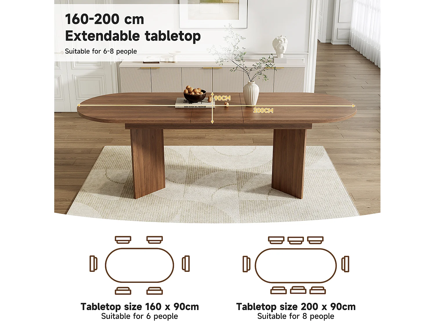Extendable dining table - 160/200 x 90 x 75 cm - for 4 to 6 people - simple style - MDF - brown