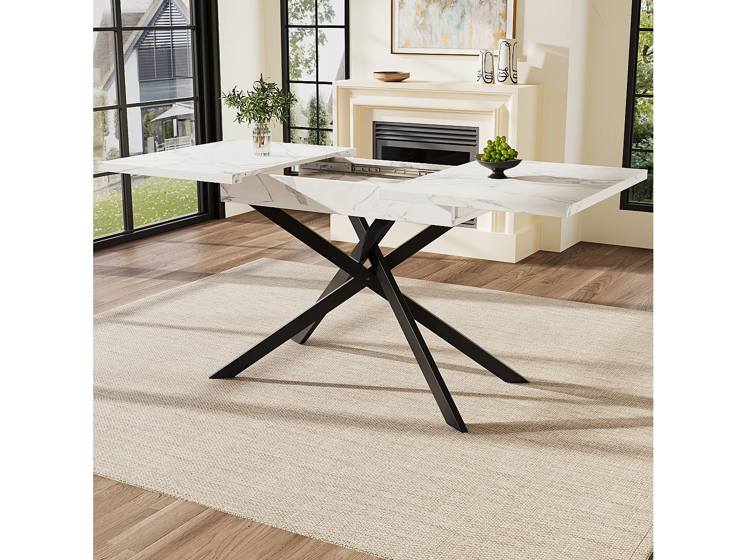 Extendable dining table - 120/160 x 80 x 76.5 cm - black crossed iron legs, MDF tabletop - white