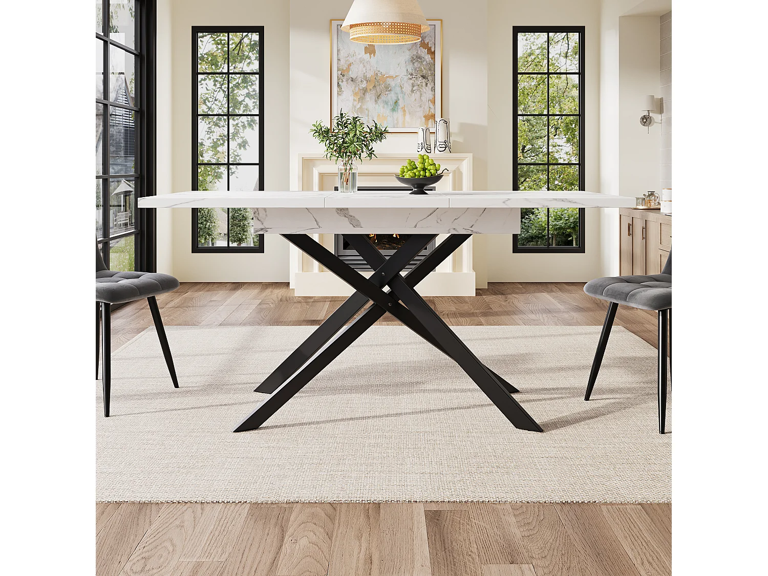Extendable dining table - 120/160 x 80 x 76.5 cm - black crossed iron legs, MDF tabletop - white