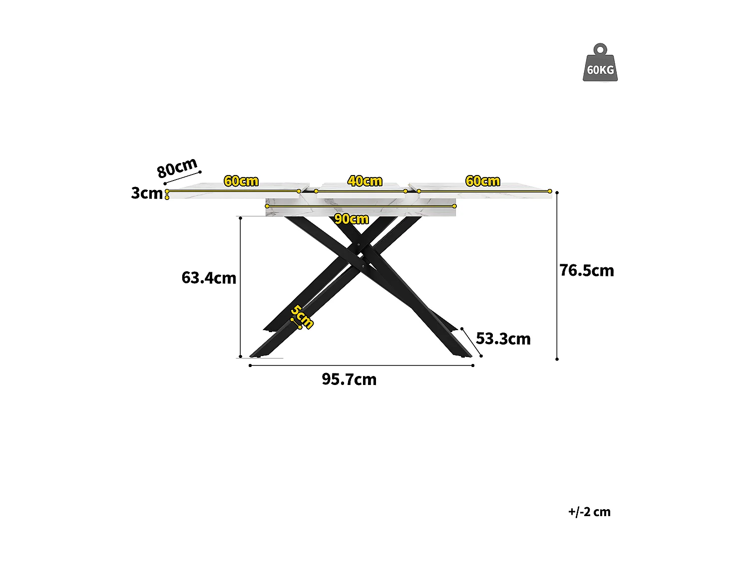 Extendable dining table - 120/160 x 80 x 76.5 cm - black crossed iron legs, MDF tabletop - white