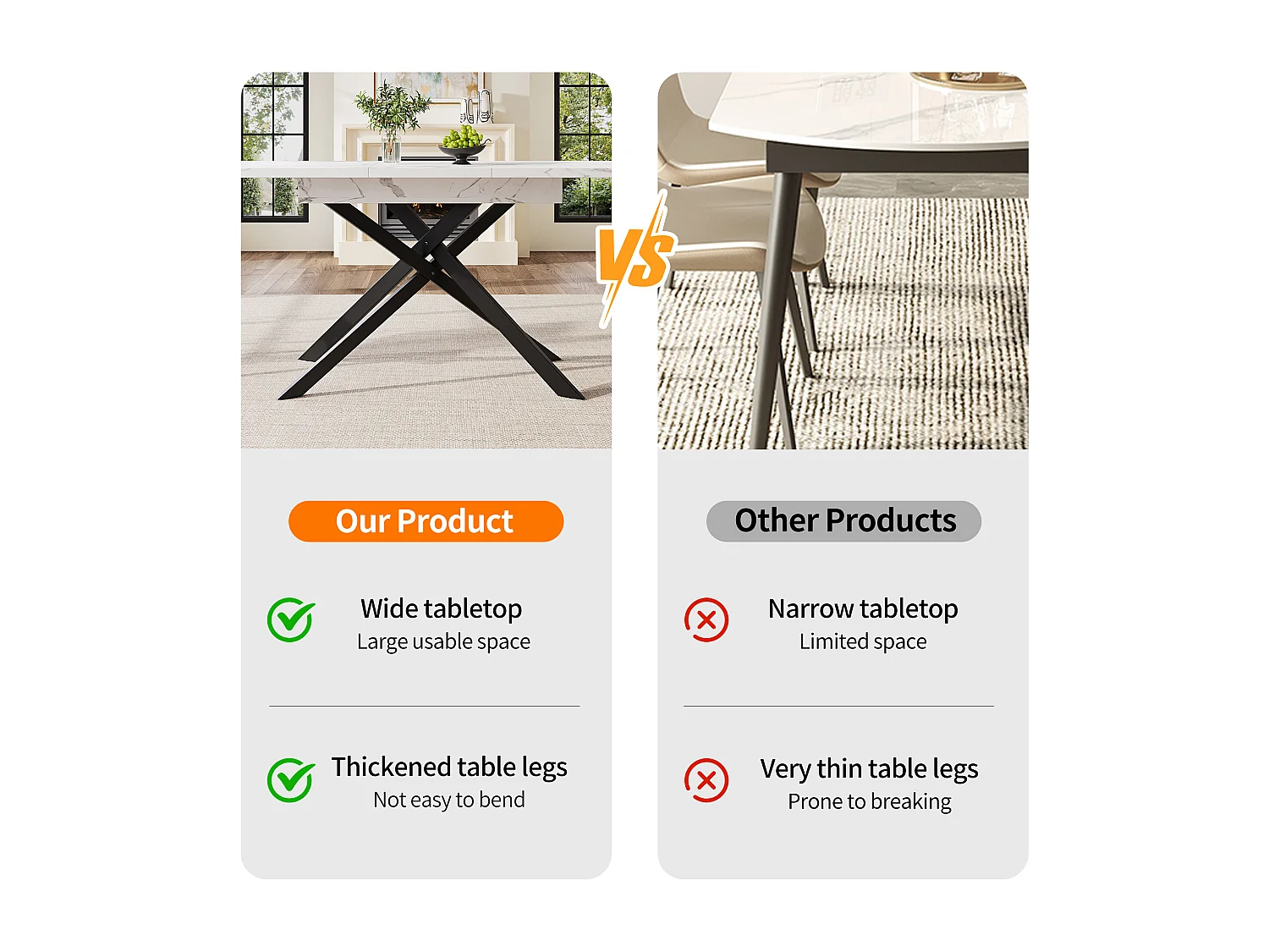 Extendable dining table - 120/160 x 80 x 76.5 cm - black crossed iron legs, MDF tabletop - white