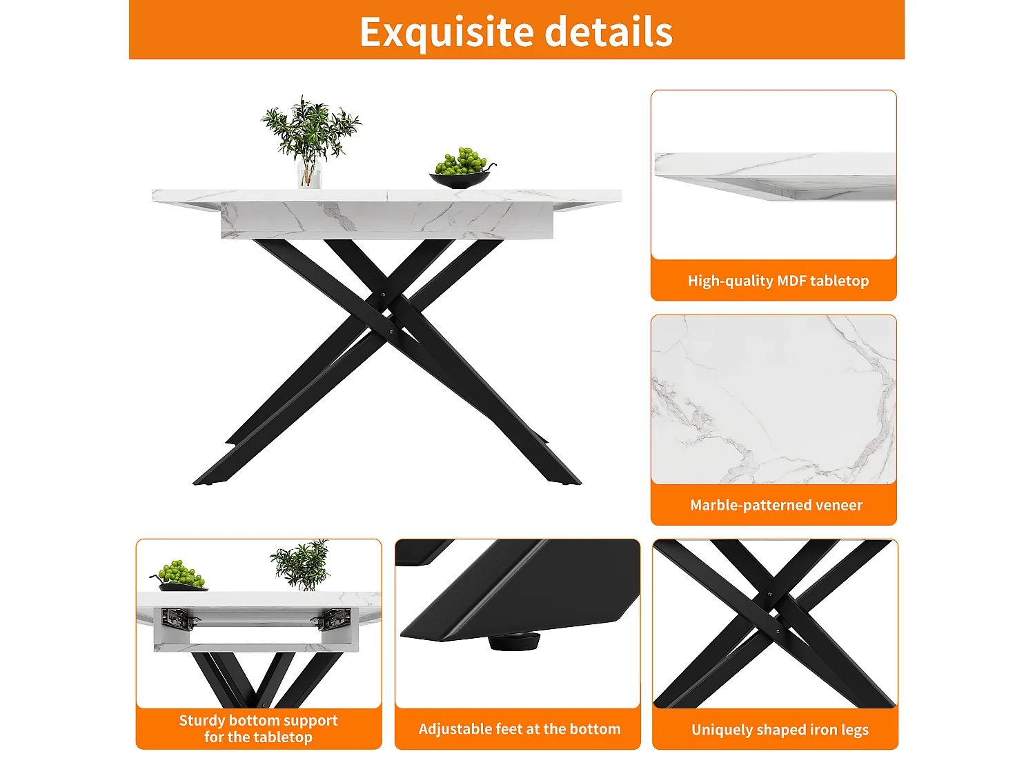 Extendable dining table - 120/160 x 80 x 76.5 cm - black crossed iron legs, MDF tabletop - white