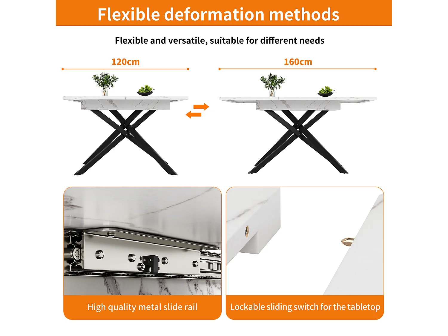 Extendable dining table - 120/160 x 80 x 76.5 cm - black crossed iron legs, MDF tabletop - white