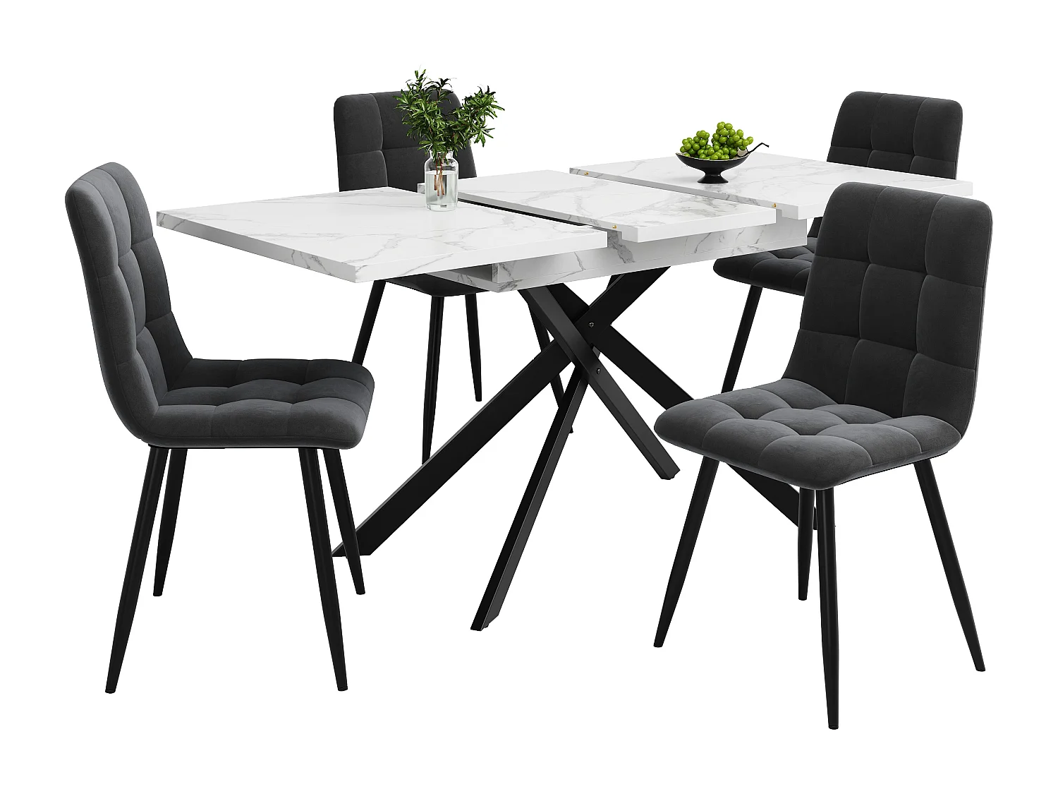 Extendable dining table - 120/160 x 80 x 76.5 cm - black crossed iron legs, MDF tabletop - white