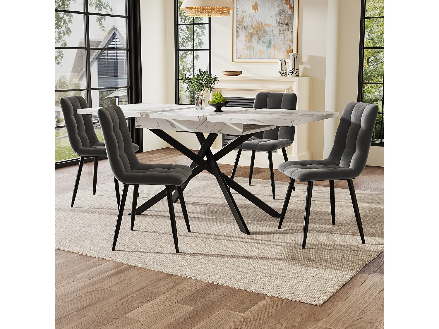 Extendable dining table - 120/160 x 80 x 76.5 cm - black crossed iron legs, MDF tabletop - white