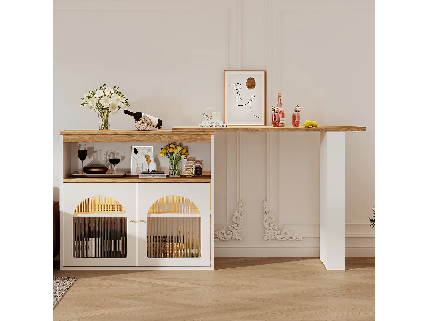Rotating bar cabinet - with 2 doors + 3 shelves - MDF wood-effect top - LEDs - Natural and white