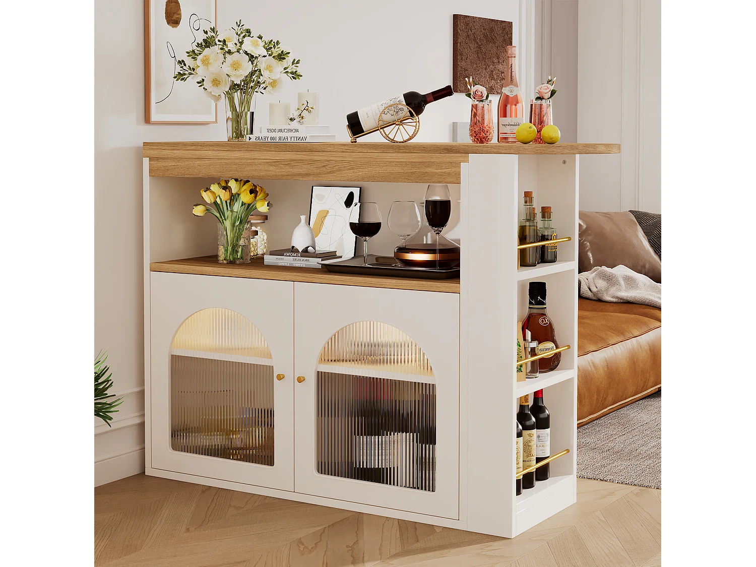 Rotating bar cabinet - with 2 doors + 3 shelves - MDF wood-effect top - LEDs - Natural and white