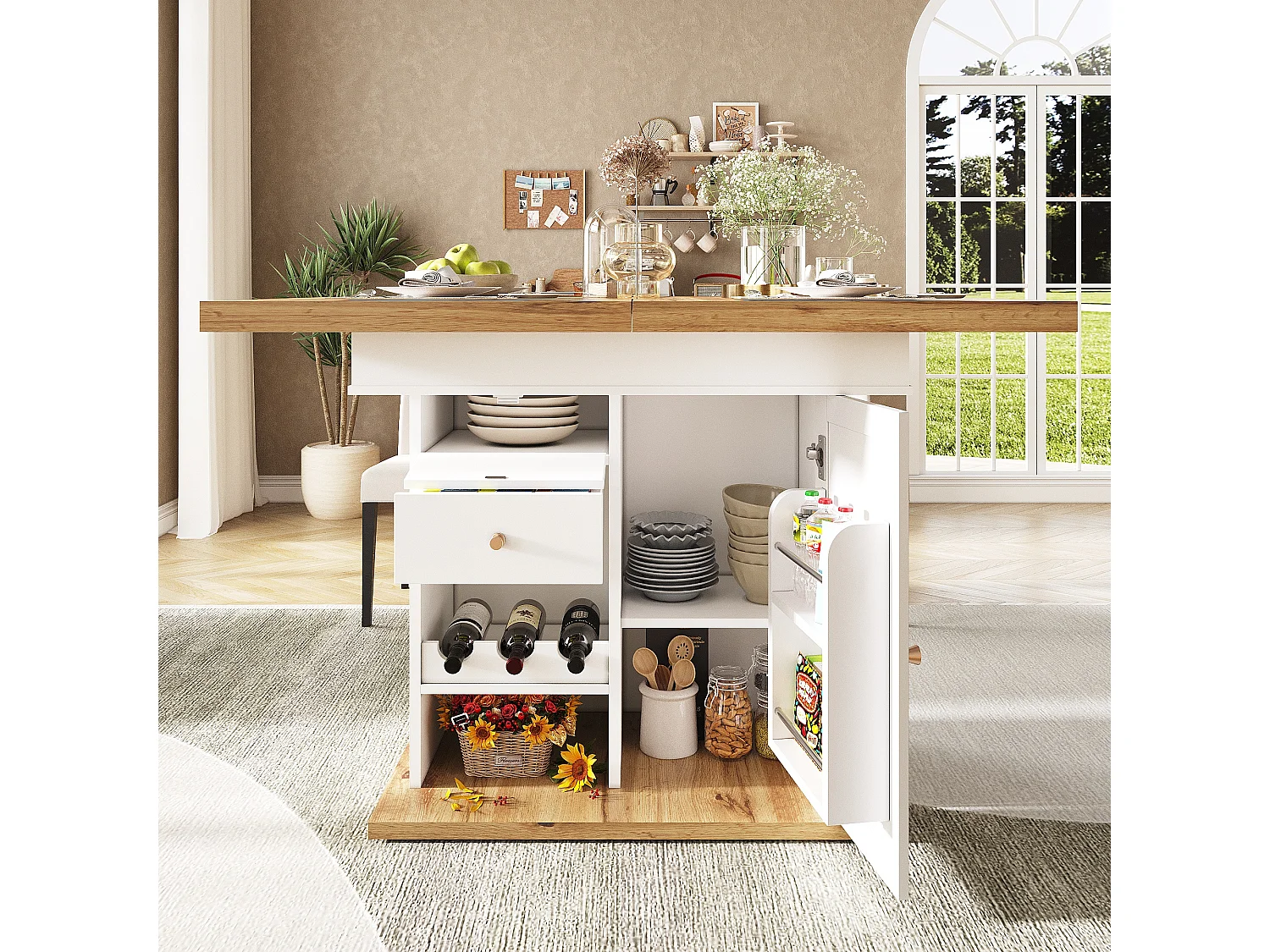 Folding dining table for 4-6 people - 110-140 x 80 x 75 cm - extendable top - with 1 door + 2 drawers - MDF - white