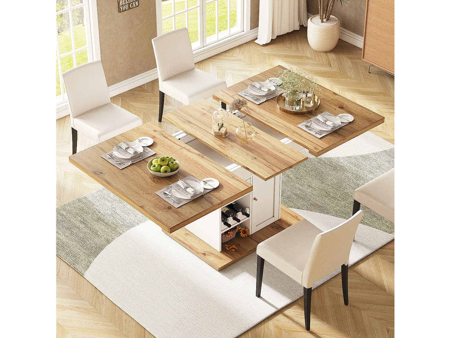 Folding dining table for 4-6 people - 110-140 x 80 x 75 cm - extendable top - with 1 door + 2 drawers - MDF - white
