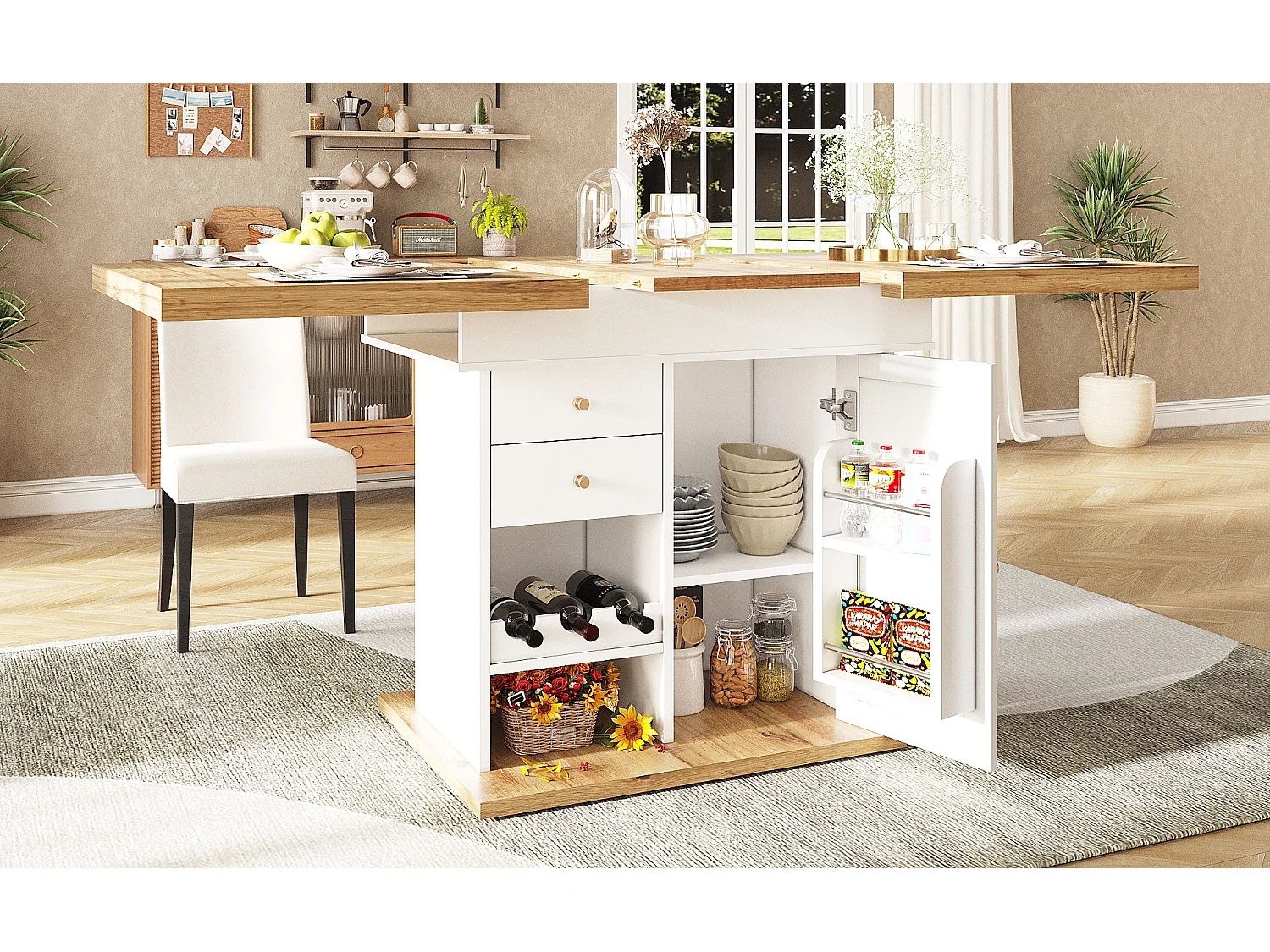 Folding dining table for 4-6 people - 110-140 x 80 x 75 cm - extendable top - with 1 door + 2 drawers - MDF - white