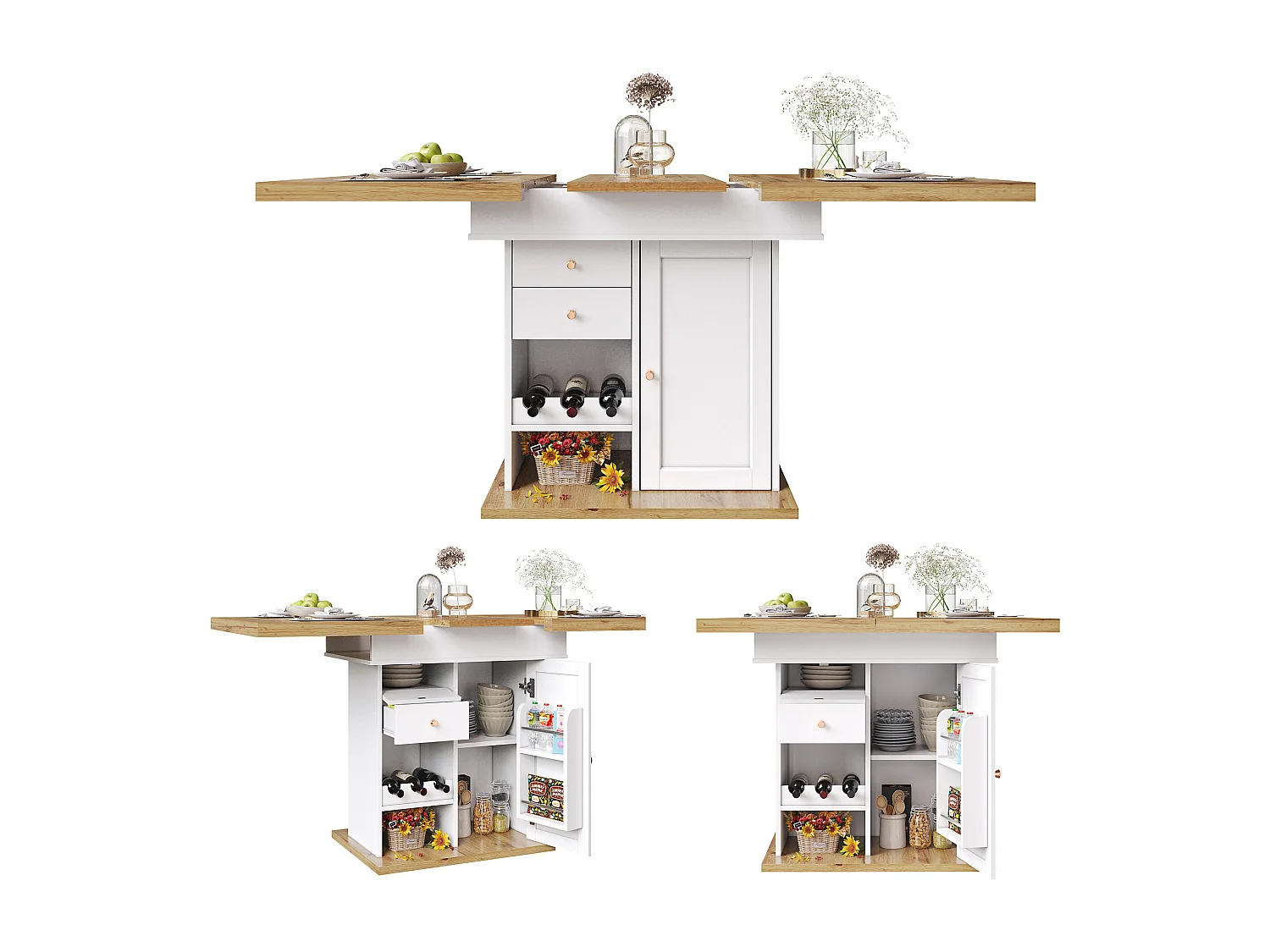 Folding dining table for 4-6 people - 110-140 x 80 x 75 cm - extendable top - with 1 door + 2 drawers - MDF - white