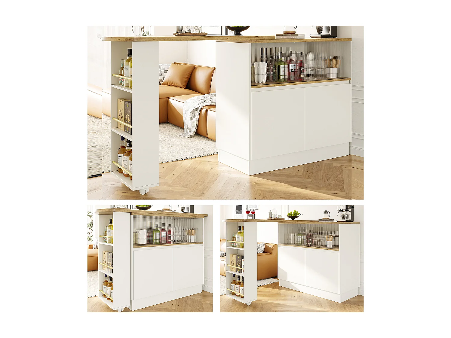 Rotating bar cabinet - 90 x 45 x 100 cm - with 4 doors and storage shelves - MDF wood and glass - white