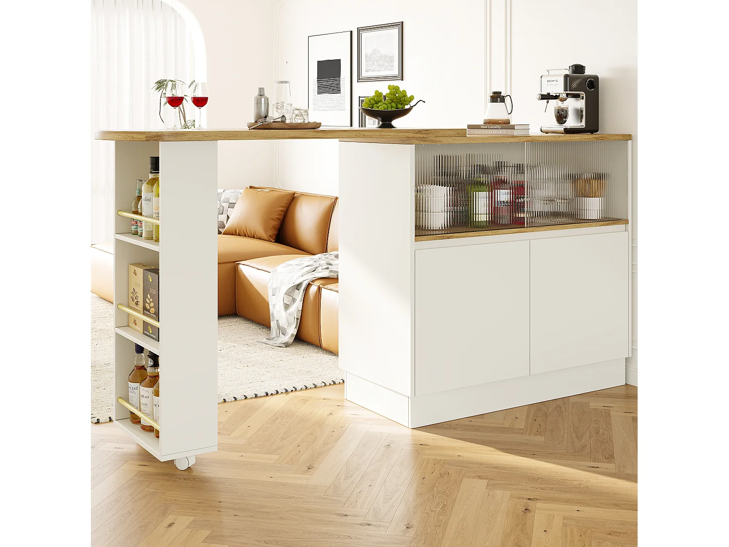 Rotating bar cabinet - 90 x 45 x 100 cm - with 4 doors and storage shelves - MDF wood and glass - white