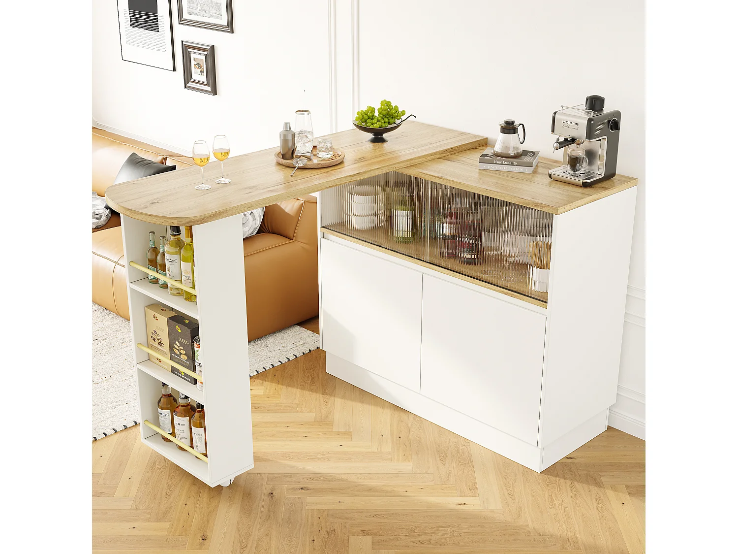 Rotating bar cabinet - 90 x 45 x 100 cm - with 4 doors and storage shelves - MDF wood and glass - white