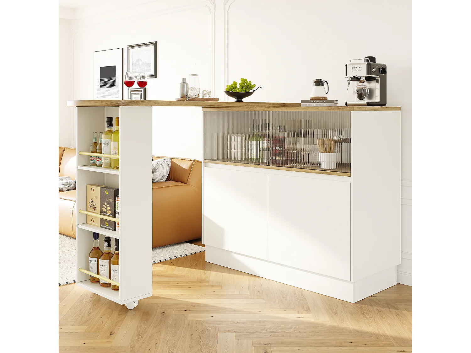 Rotating bar cabinet - 90 x 45 x 100 cm - with 4 doors and storage shelves - MDF wood and glass - white