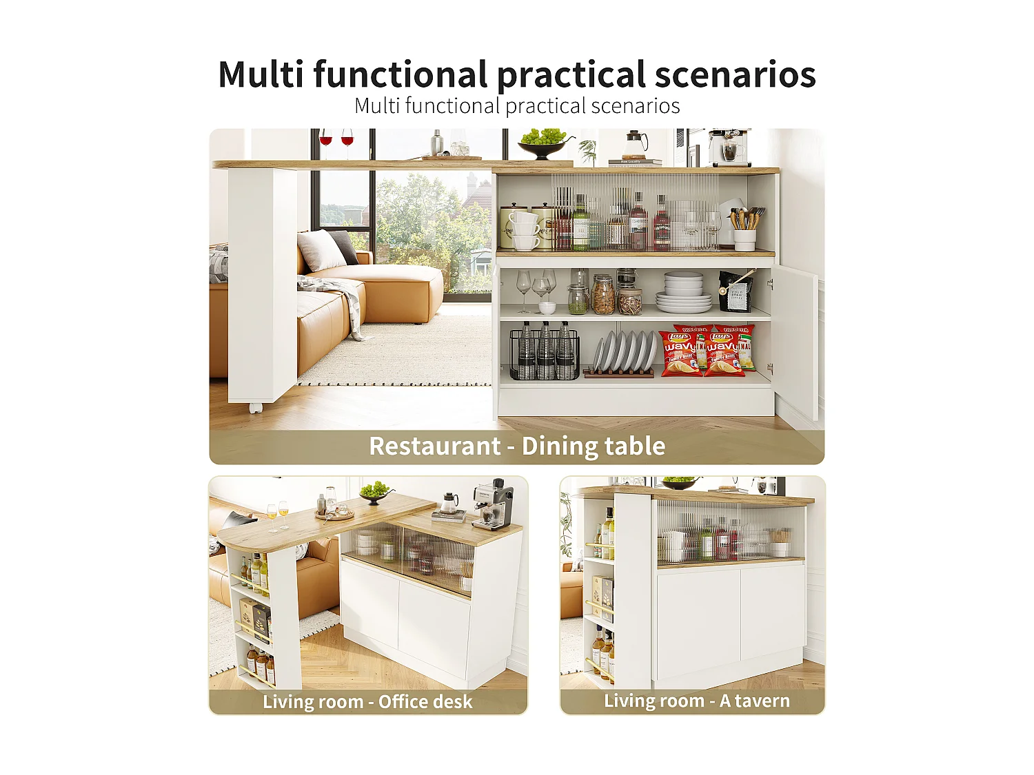Rotating bar cabinet - 90 x 45 x 100 cm - with 4 doors and storage shelves - MDF wood and glass - white
